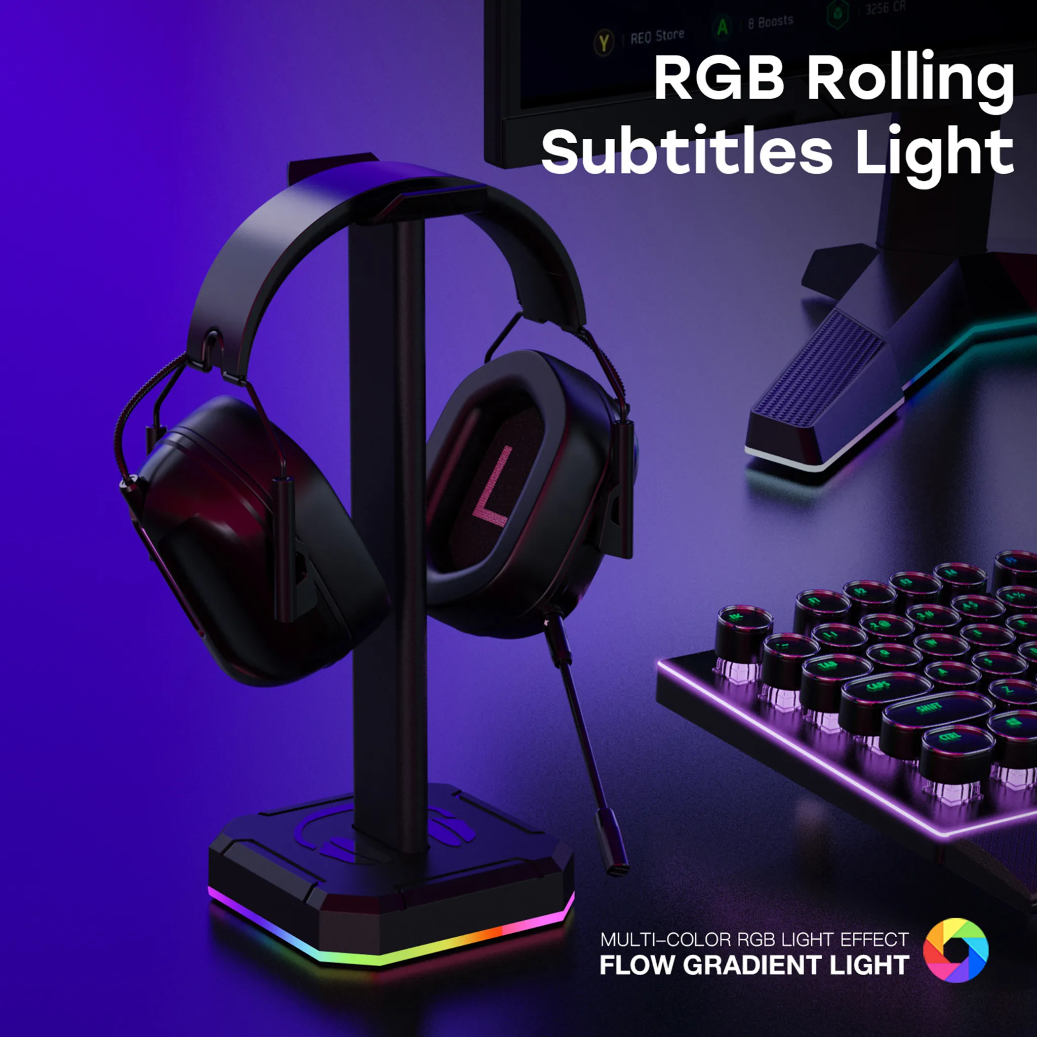 Schwarze Kopfhörer auf einem Ständer neben einer RGB-Tastatur, lila Hintergrund.