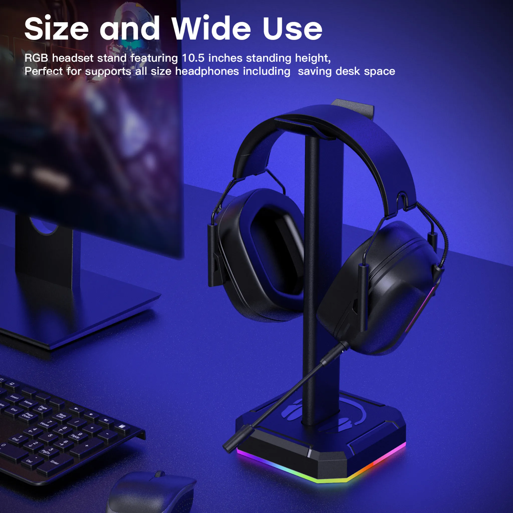 Schwarzer RGB-Headset-Ständer mit Kopfhörern, Tastatur, Maus und Monitor.