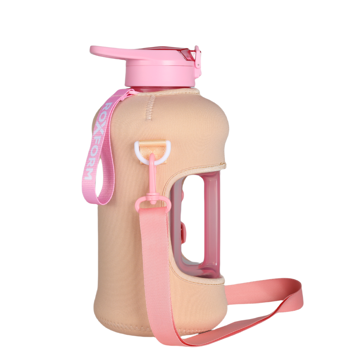 Pembe kapaklı, pipetli, taşıma askılı bej su şişesi.