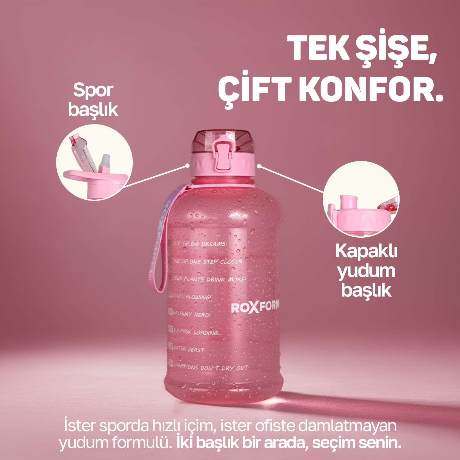 Spor ve ofis kullanımı için uygun, iki farklı kapaklı pembe su şişesi.