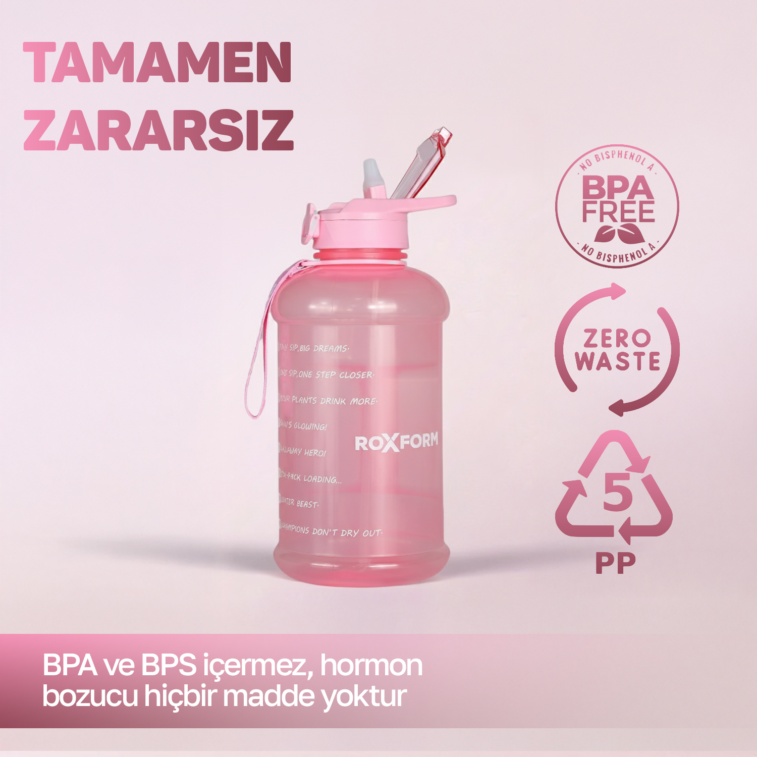 Zaman işaretli, BPA'sız ve sıfır atık sembollü pembe su şişesi.