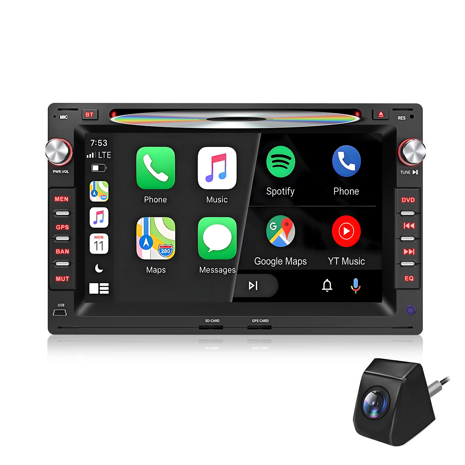 Ein Autoradio mit Touchscreen zeigt Apps wie Telefon, Musik, Spotify, Maps und YouTube.