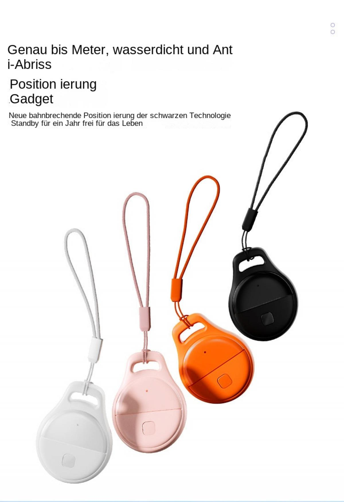 Vier wasserdichte Ortungs-Gadgets in Weiß, Rosa, Orange und Schwarz mit Schnüren.
