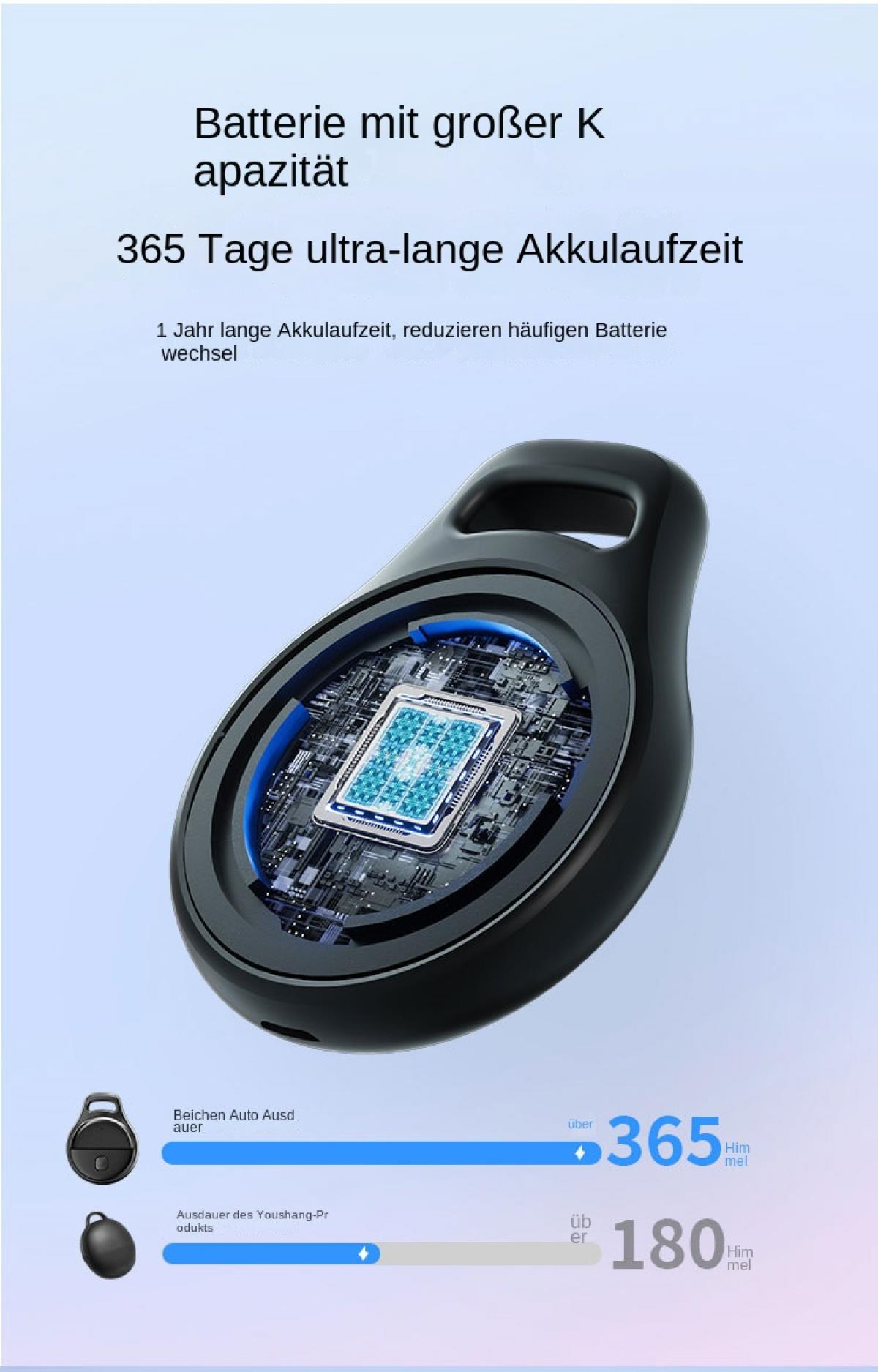 Schwarzer Anhänger mit offenem Gehäuse, der eine Leiterplatte zeigt. 365 Tage Akkulaufzeit.