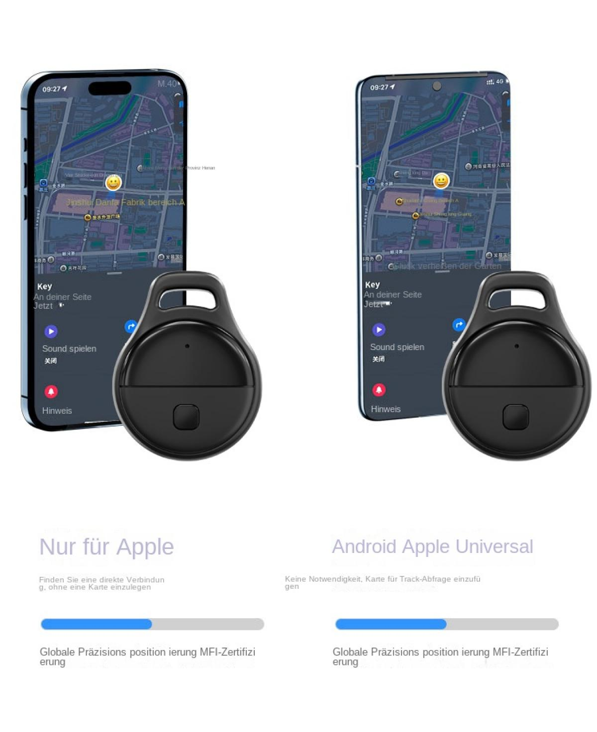 Zwei Schlüsselanhänger mit Smartphones, die Karten und Tasten zeigen.