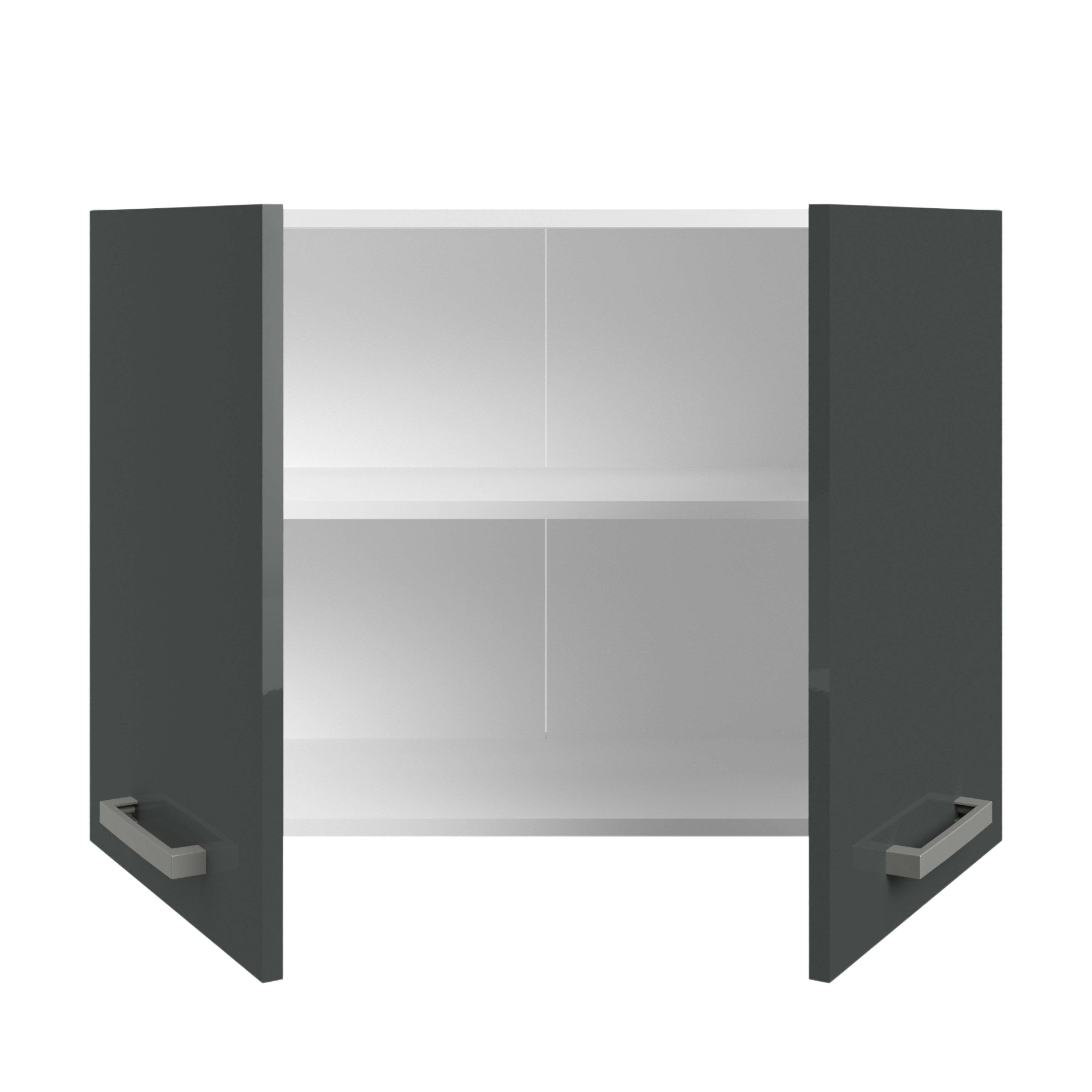 Armario alto gris oscuro con dos puertas abiertas y tiradores plateados.