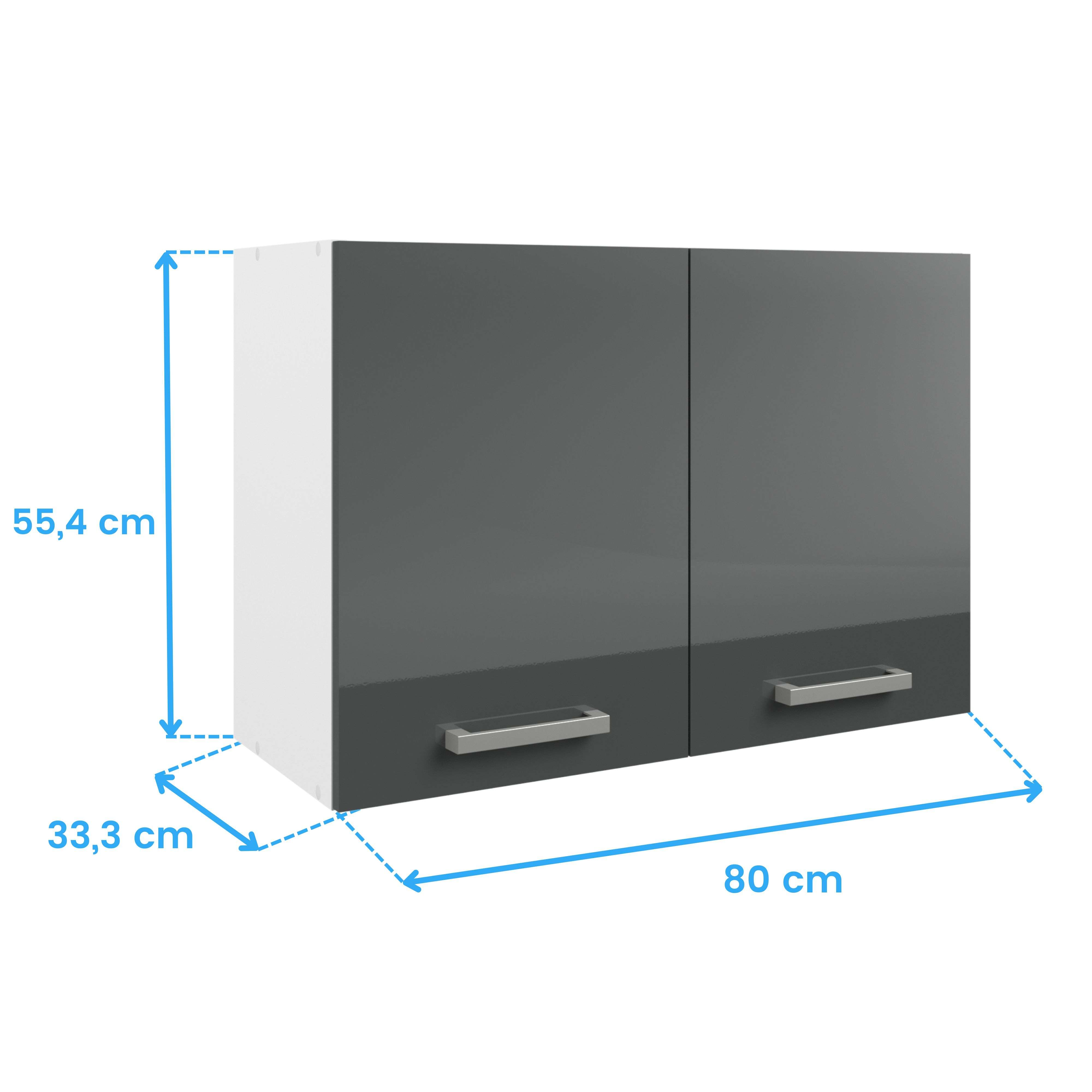 Un armario doble gris de pared con tiradores plateados y dimensiones.