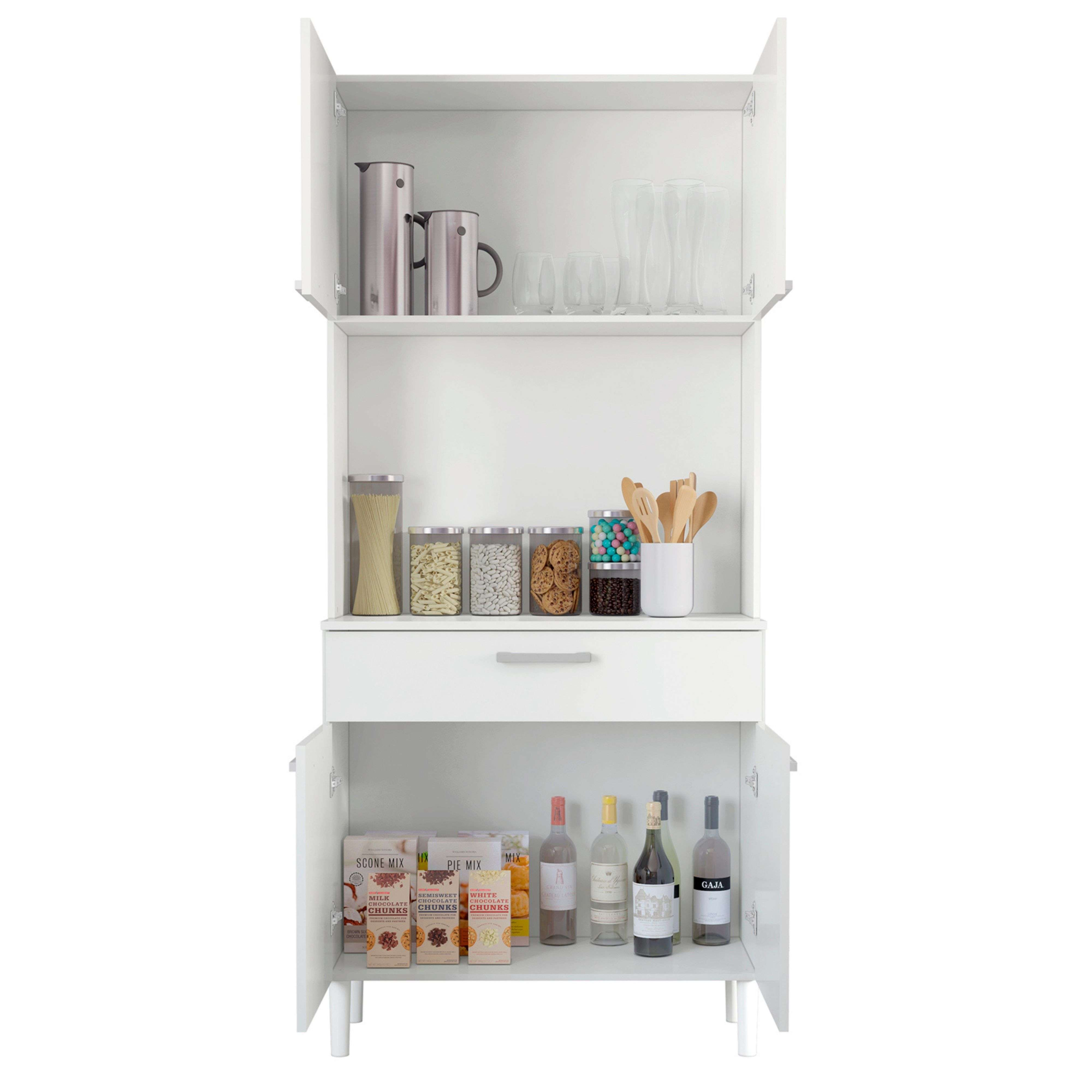 Un armario blanco con puertas abiertas, lleno de utensilios de cocina y alimentos.