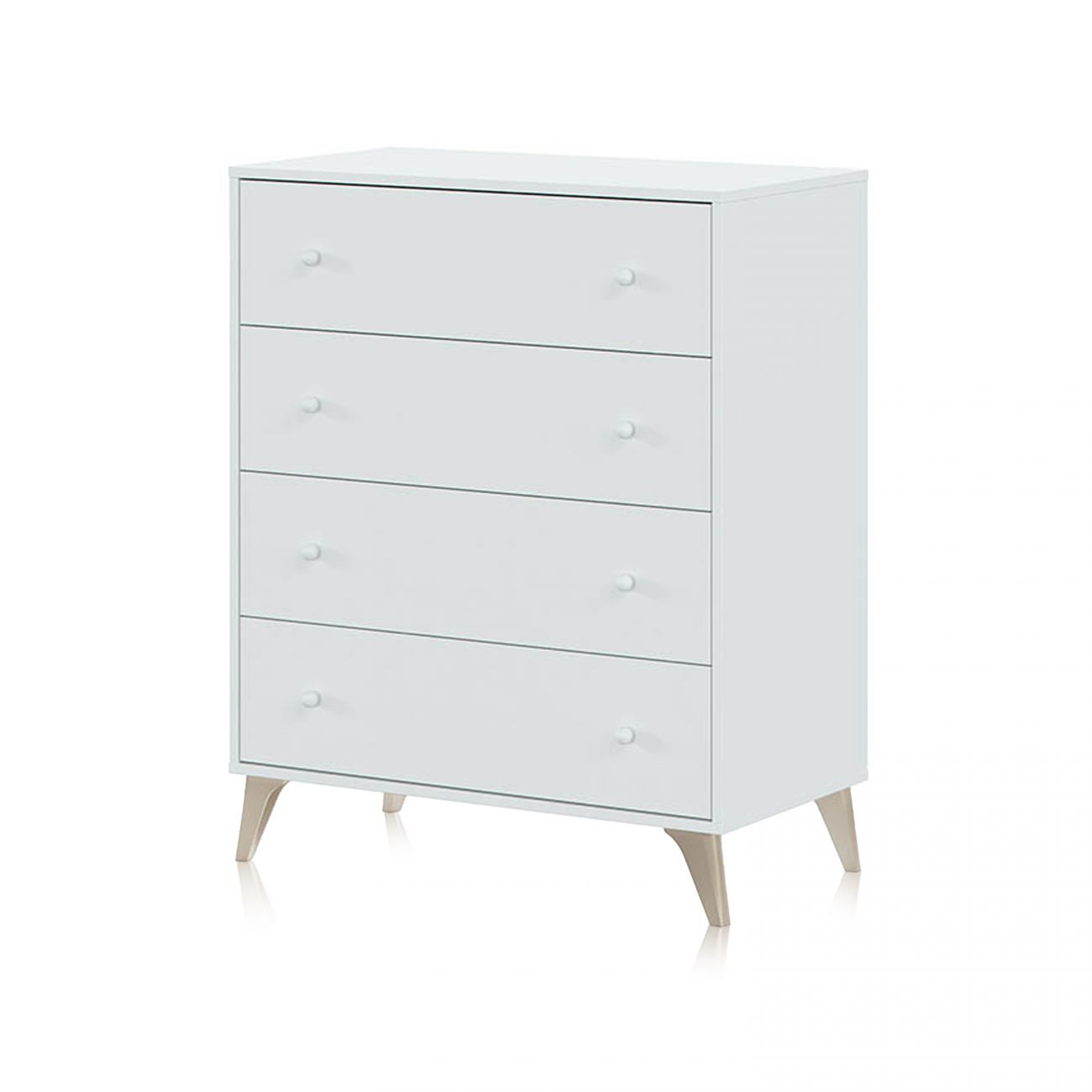 Cómoda blanca de cuatro cajones con tiradores redondos y patas de madera.