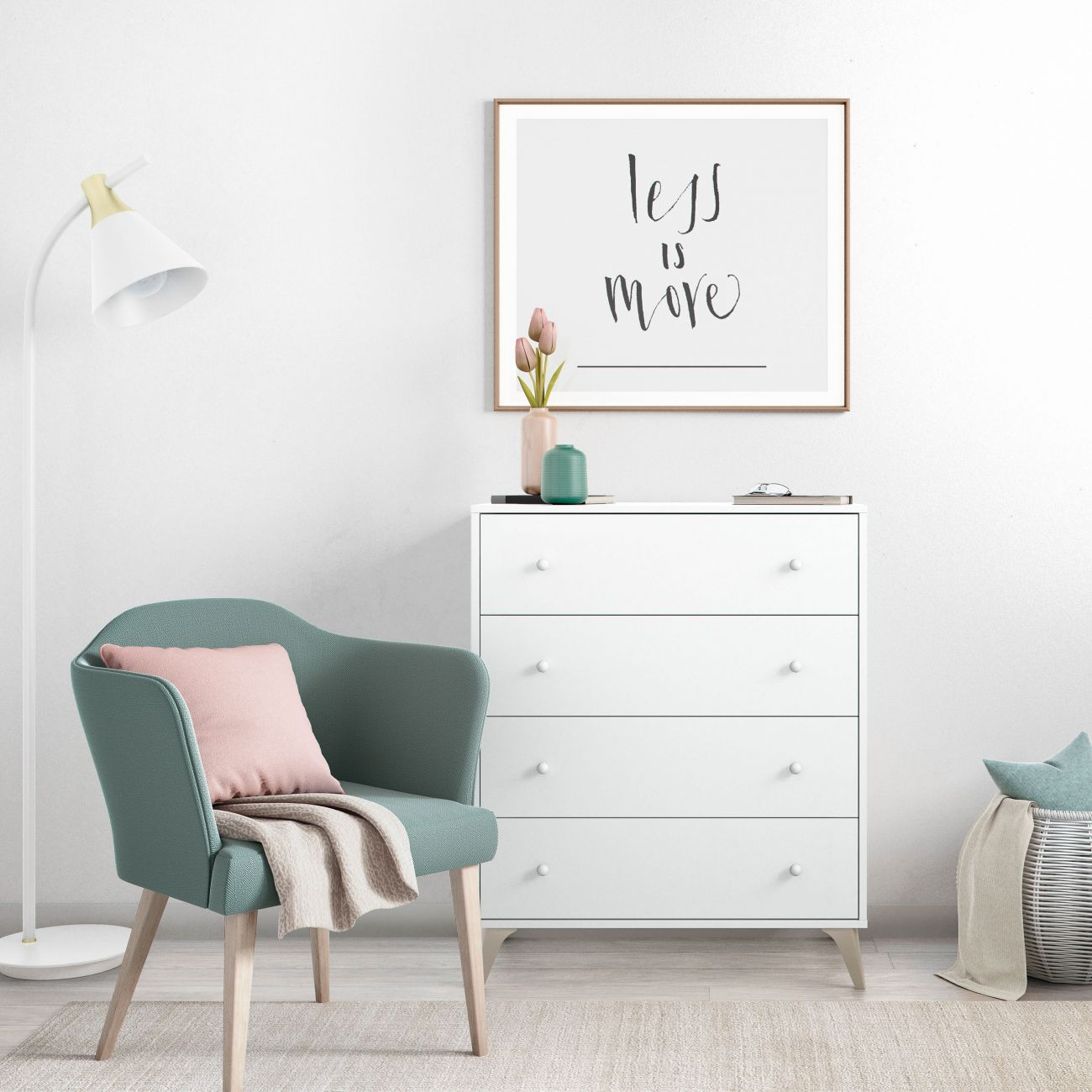 Un sillón verde menta con cojín y manta se sienta junto a una cómoda y lámpara blancas.
