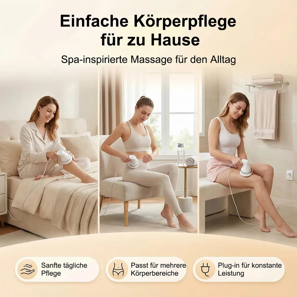 Drei Frauen nutzen Massagegeräte für die Körperpflege zu Hause.
