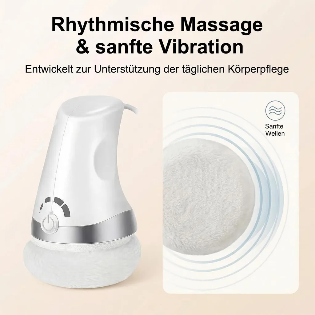 Ein weißes Massagegerät mit einem flauschigen Aufsatz und sanften Wellen-Symbol.