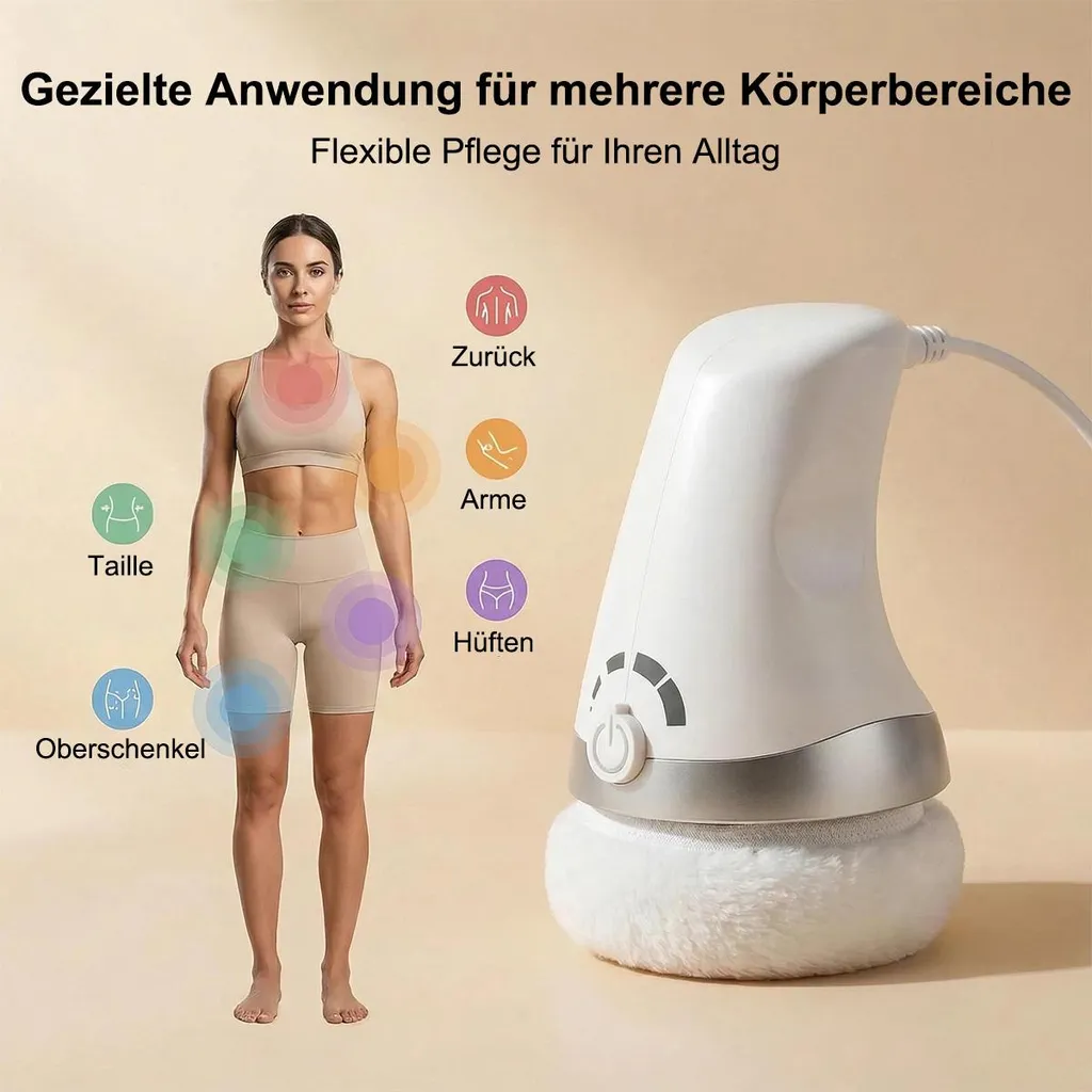 Frau mit Markierungen für Körperzonen und ein weißes Gerät für gezielte Anwendung.
