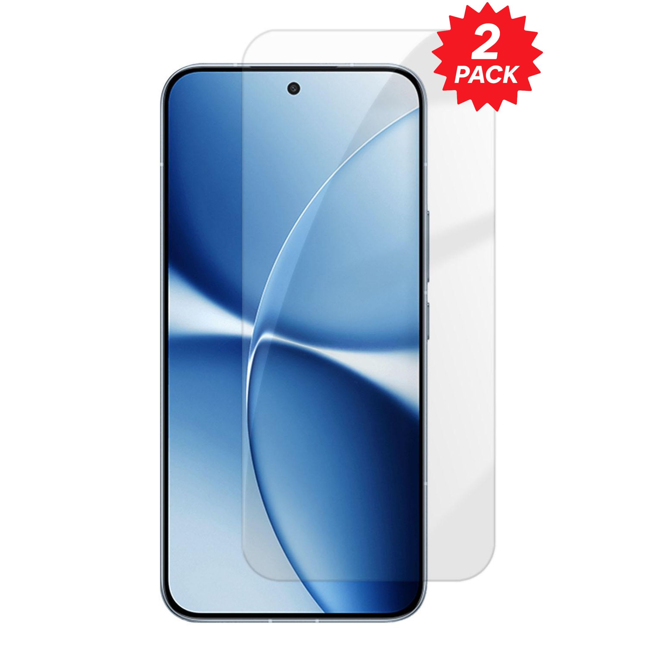 Due proteggi schermo per smartphone con grafica blu di sfondo.