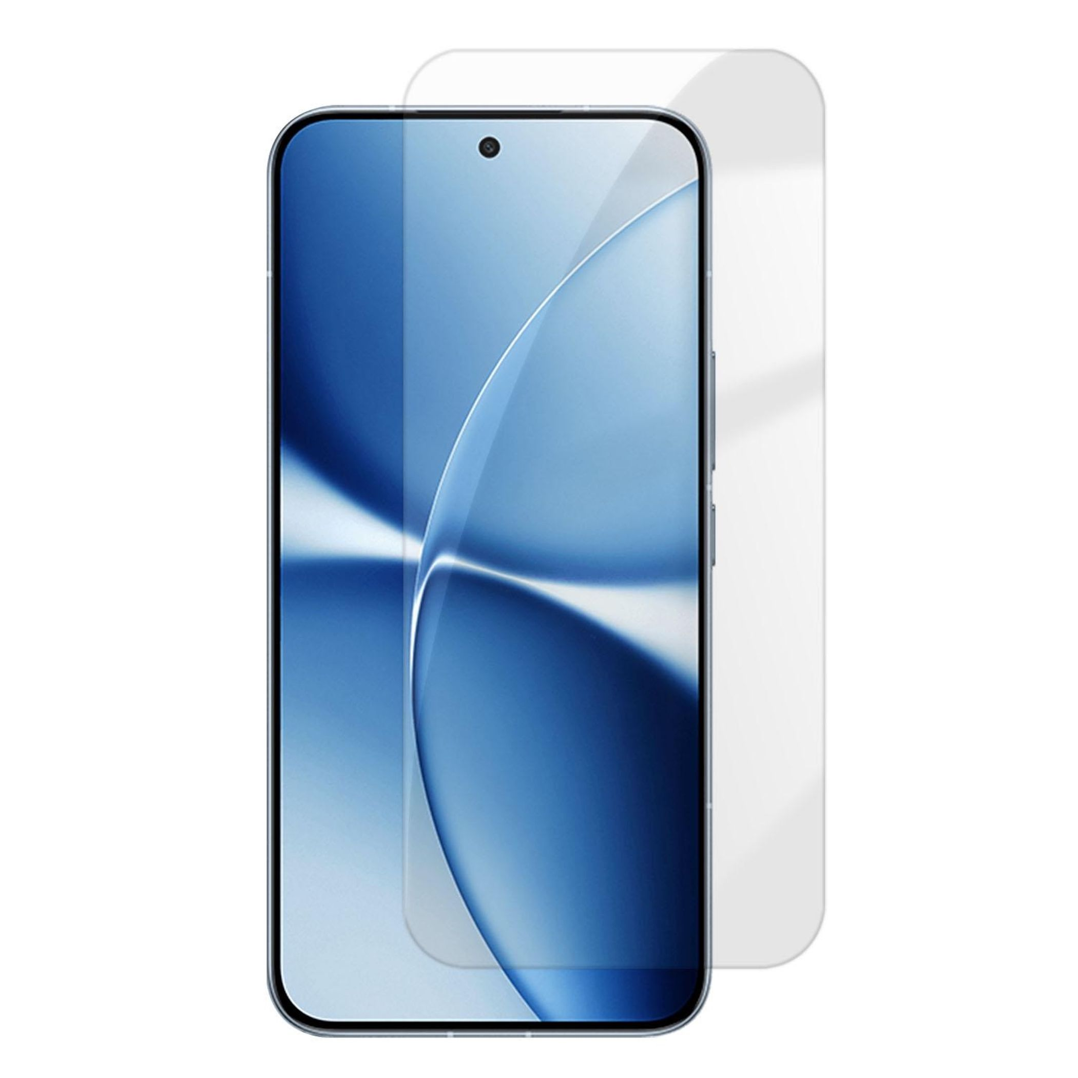 Ein Smartphone-Schutzglas liegt auf einem Smartphone mit blauem Hintergrund.