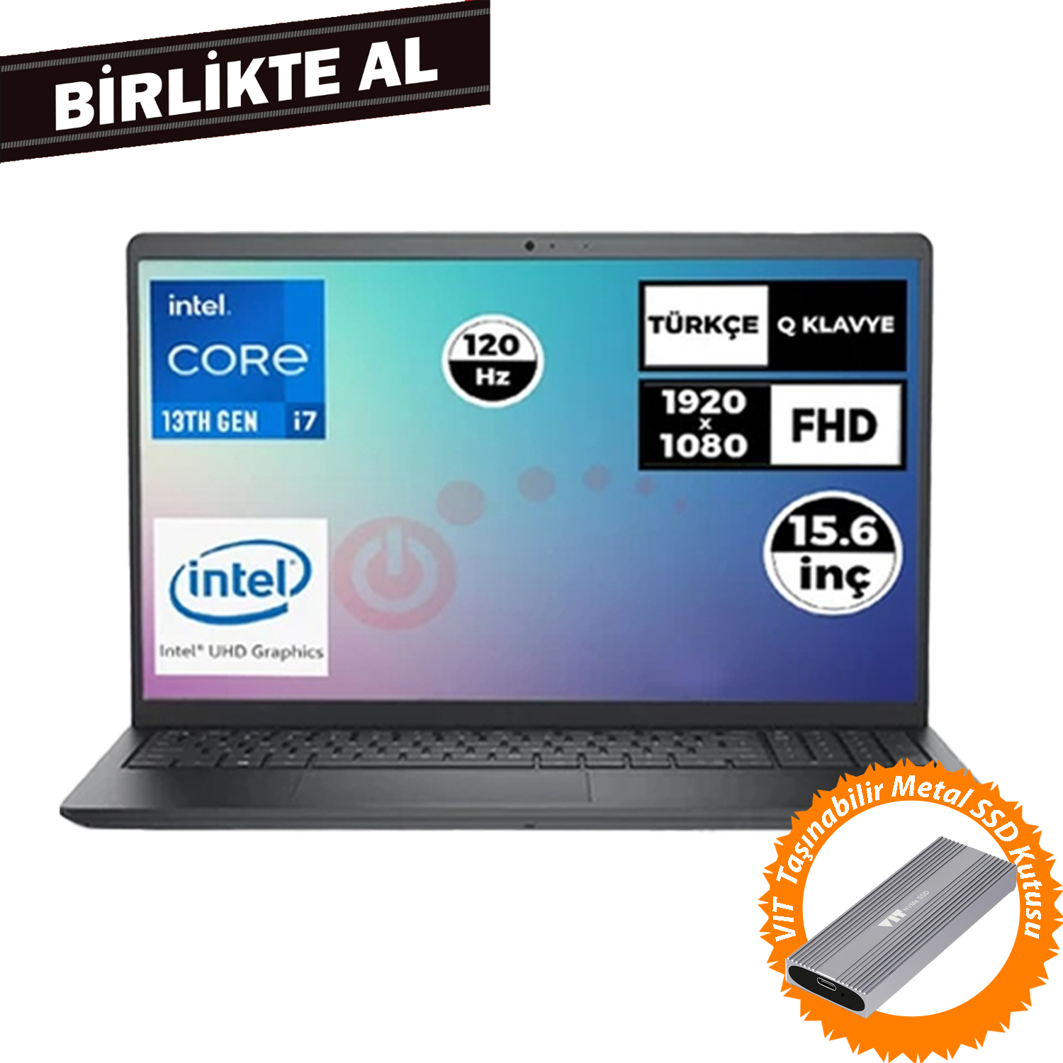 Intel Core i7 işlemcili laptop, 120Hz, FHD, 15.6 inç ekran ve harici SSD.