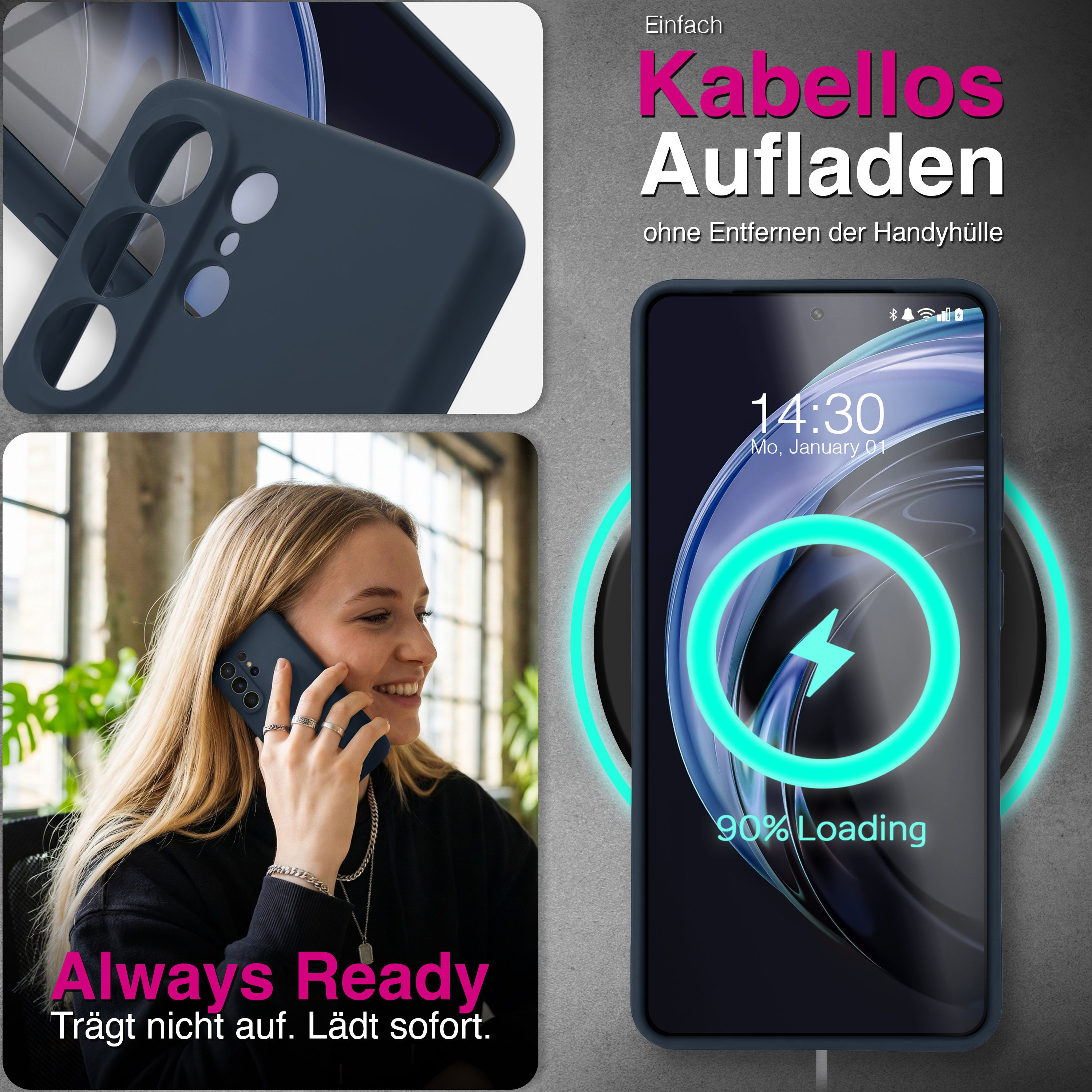 Drei Collagen: Handyhülle, Frau am Telefon, Handy lädt kabellos.