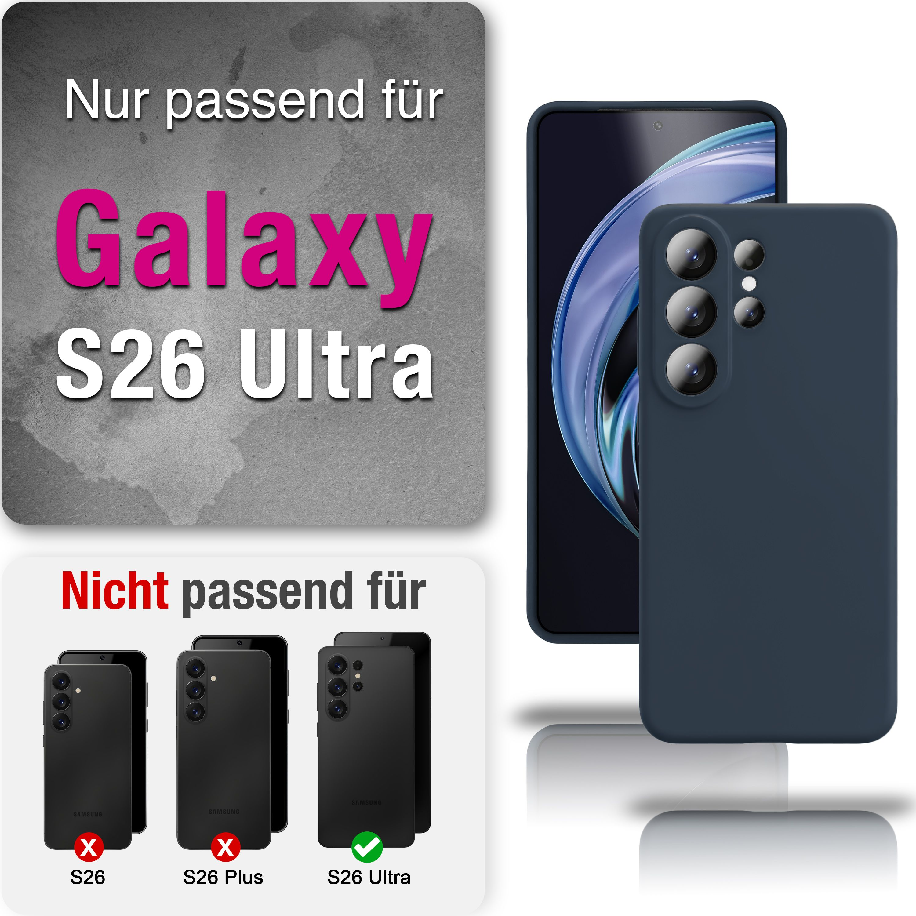 Dunkelblaues Handycover für Samsung Galaxy S26 Ultra, nicht für S26/S26 Plus.