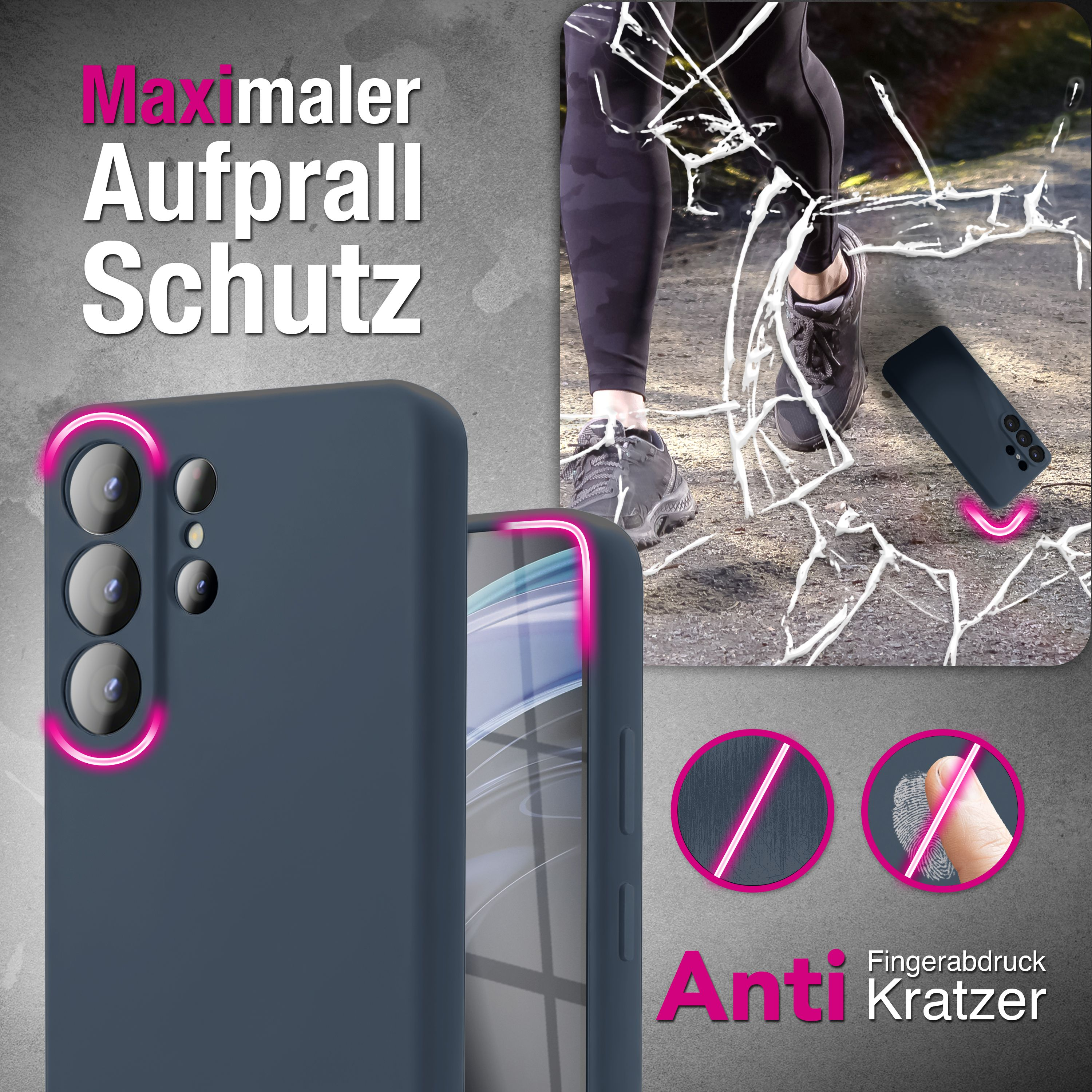 Dunkelgraue Handyhülle mit Pinkem Rand, neben einem Handy auf zerbrochenem Boden.