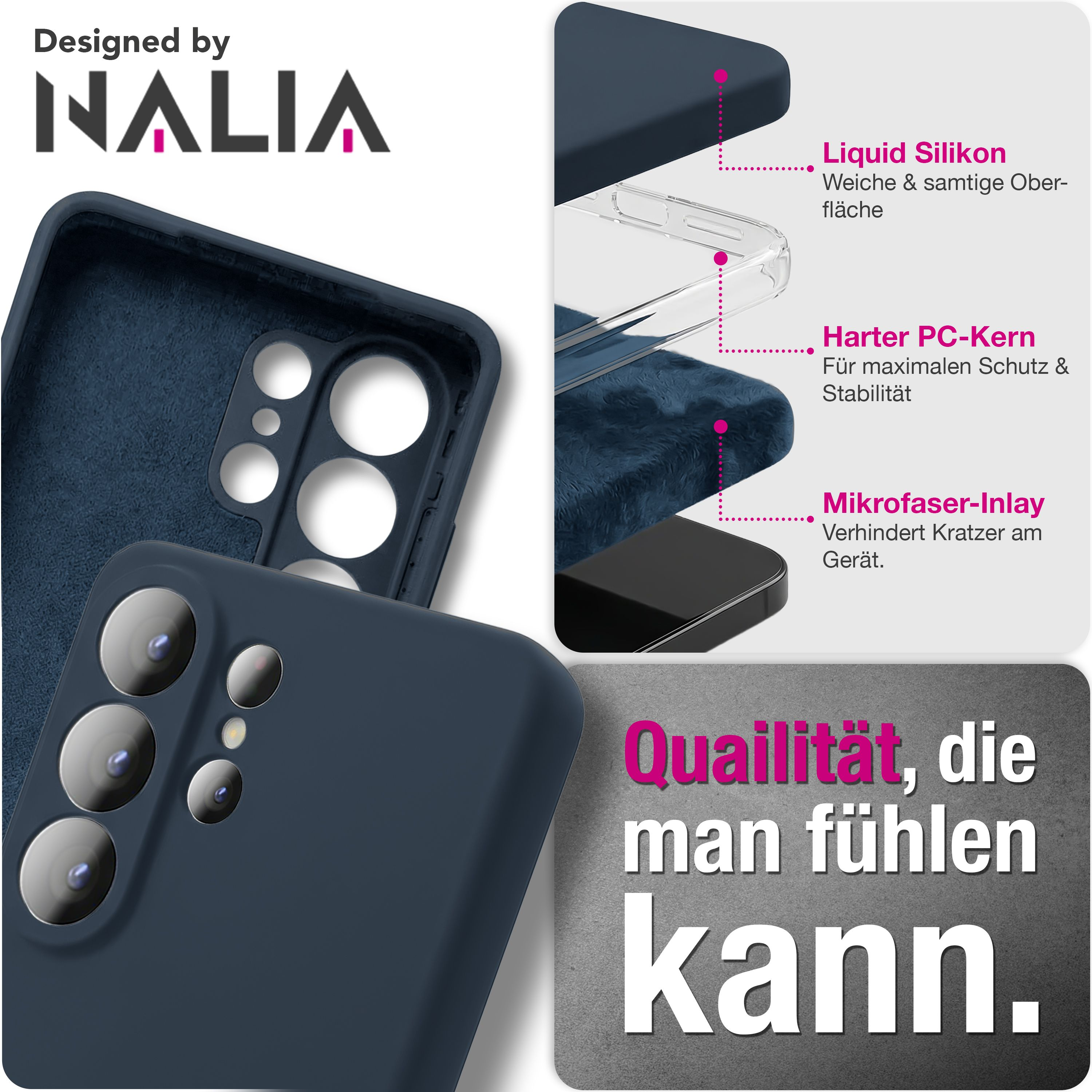 Dunkelblaues Handycover, innen mit Mikrofaser ausgekleidet, mit Kamera-Ausschnitt.