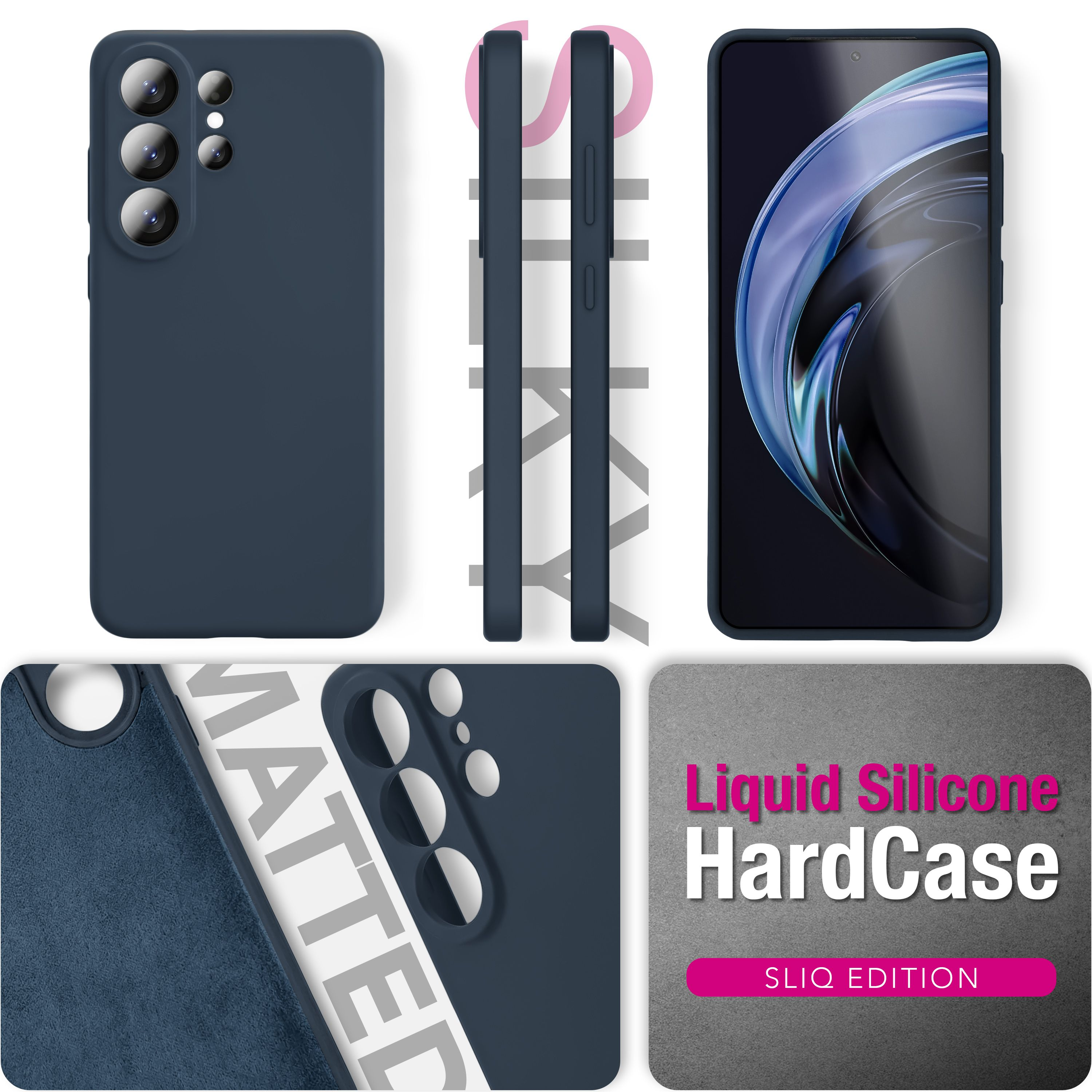Dunkelblaue Handyhülle mit Kameraaussparung und Display.