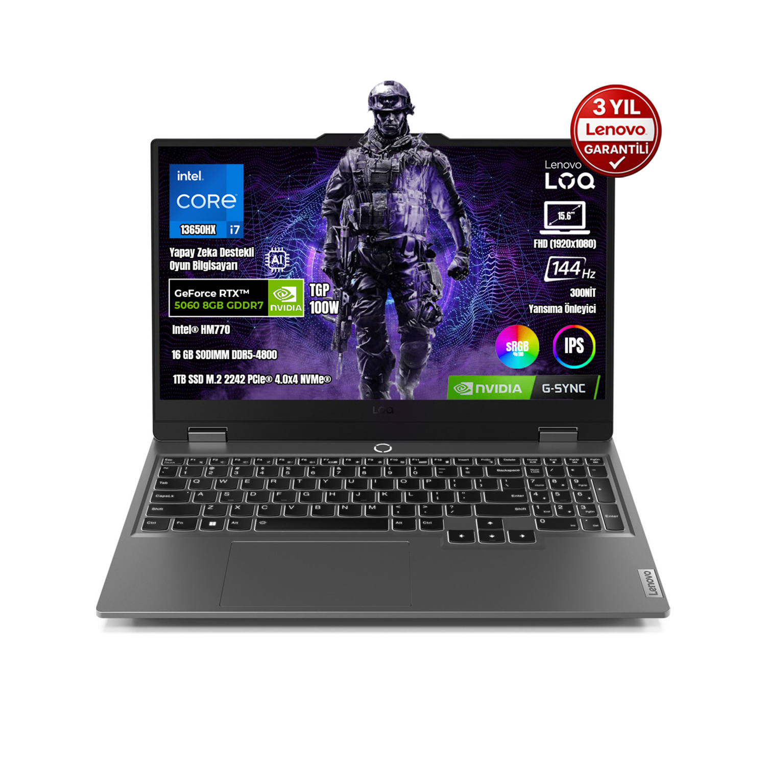 Intel Core i7, RTX 5060, 16GB RAM, 1TB SSD'li Lenovo LOQ Dizüstü Bilgisayar.