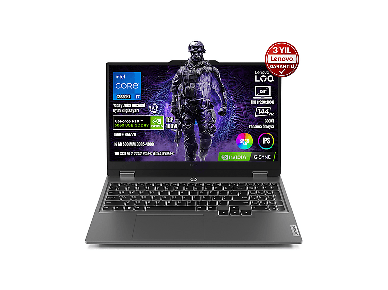 LENOVO LOQ 15IRX10 83JE00JQTR DDR5 RTX5060 8GB TGP 100W IPS 144Hz Intel Core i7-13650HX 16 GB RAM 1 TB SSD 15,6 inç FreeDOS gaming notebook Gri