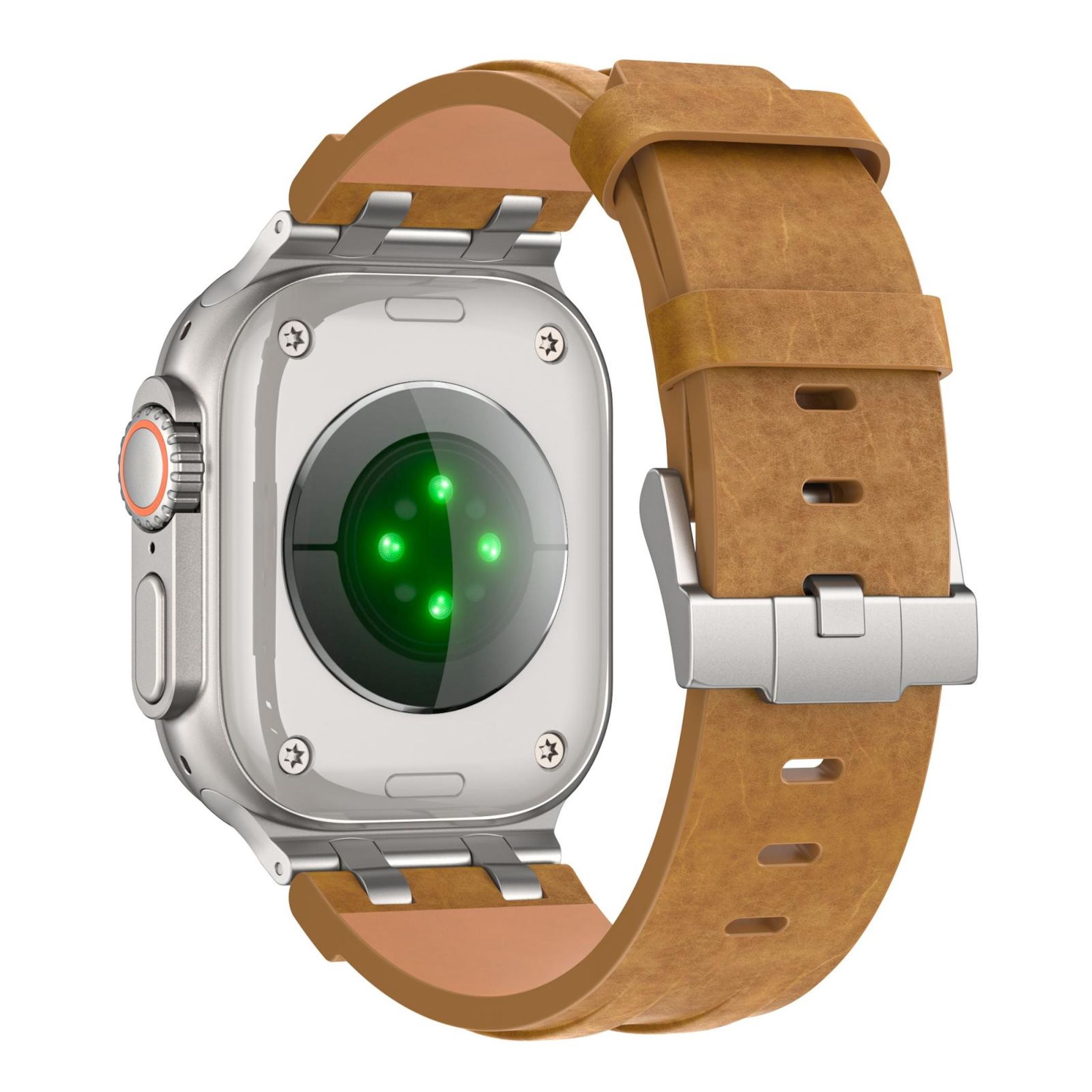 Retro di uno smartwatch con cinturino in pelle marrone e sensori verdi.