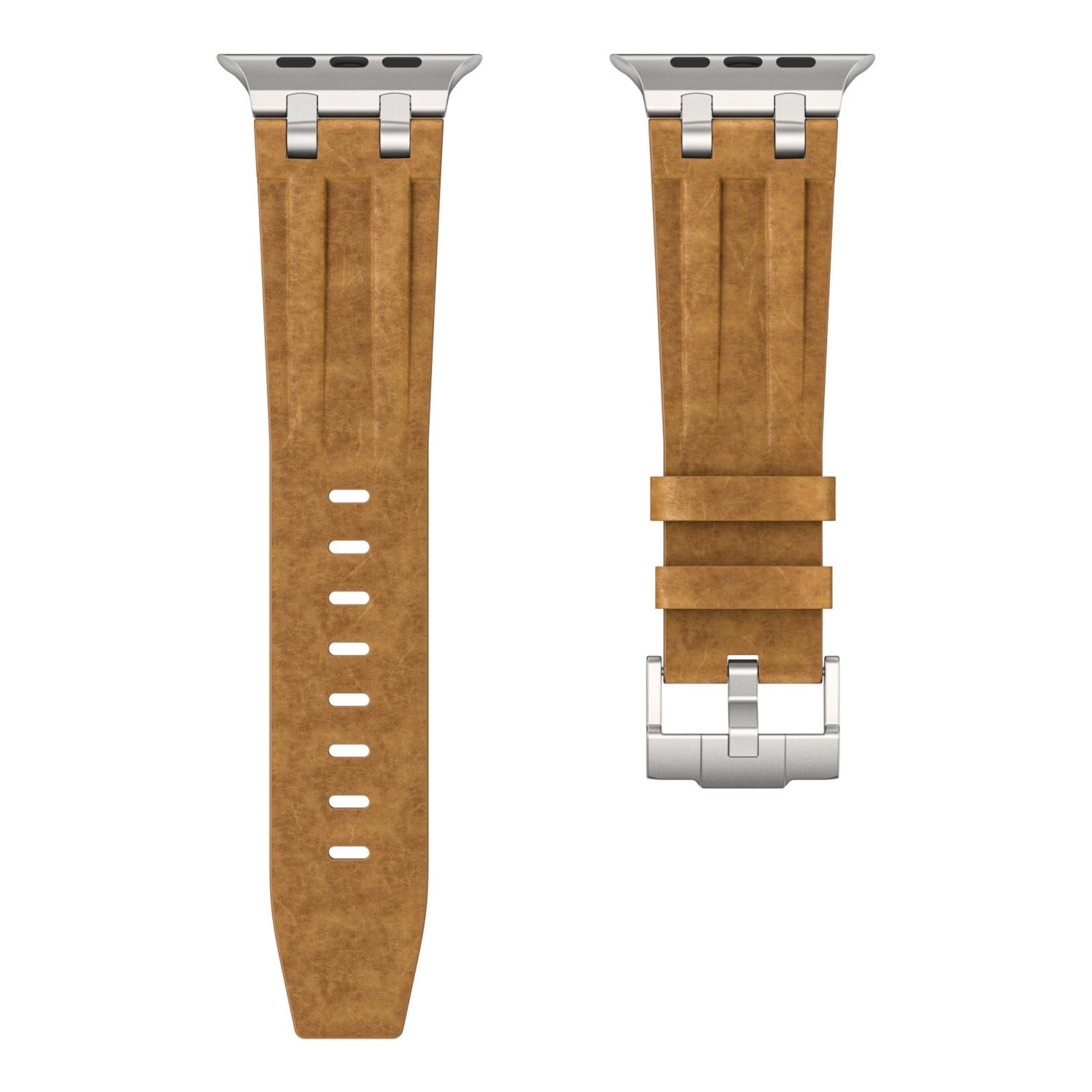 Cinturino in pelle marrone per smartwatch con connettori argentati.