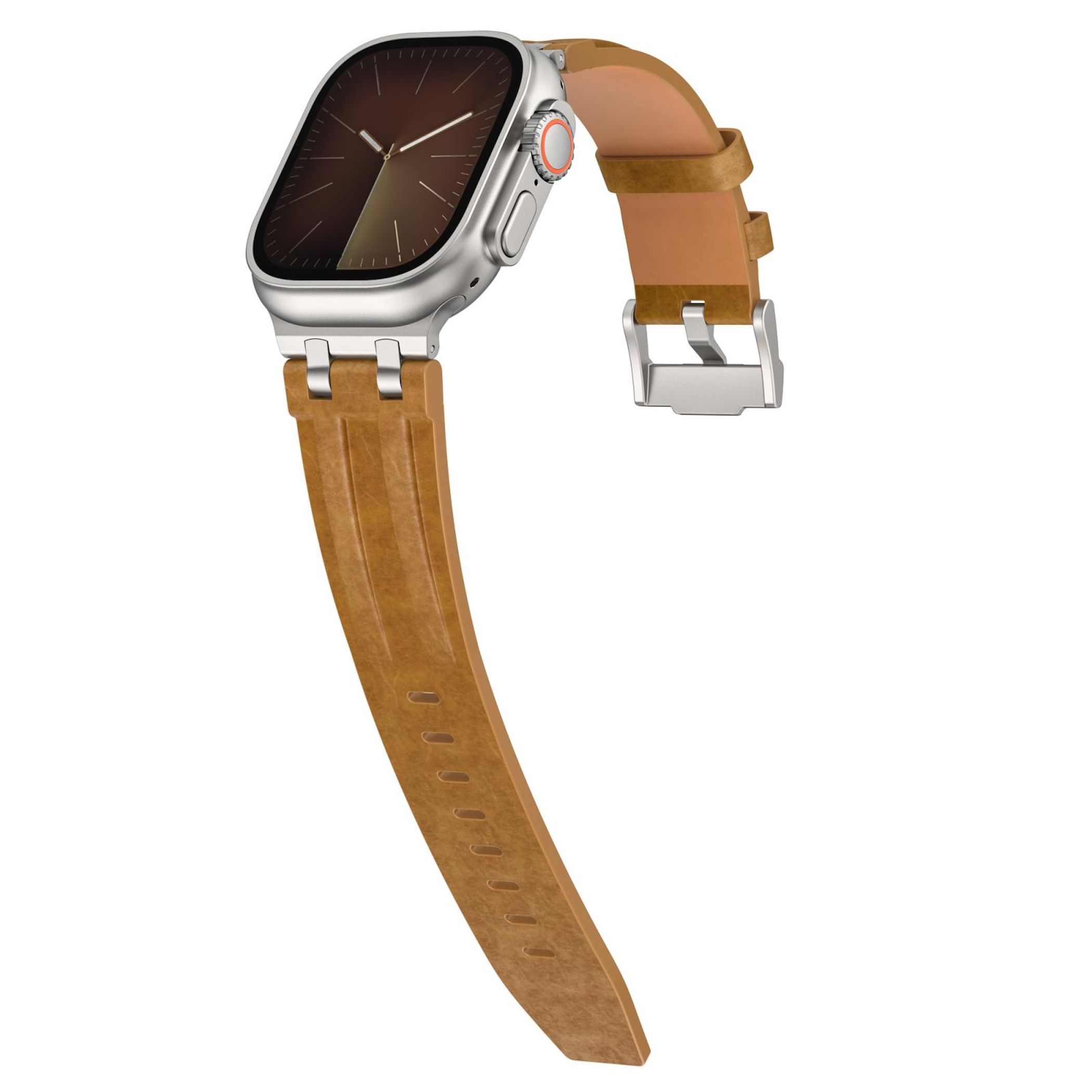 Uno smartwatch argentato con cinturino in pelle marrone e fibbia argentata.