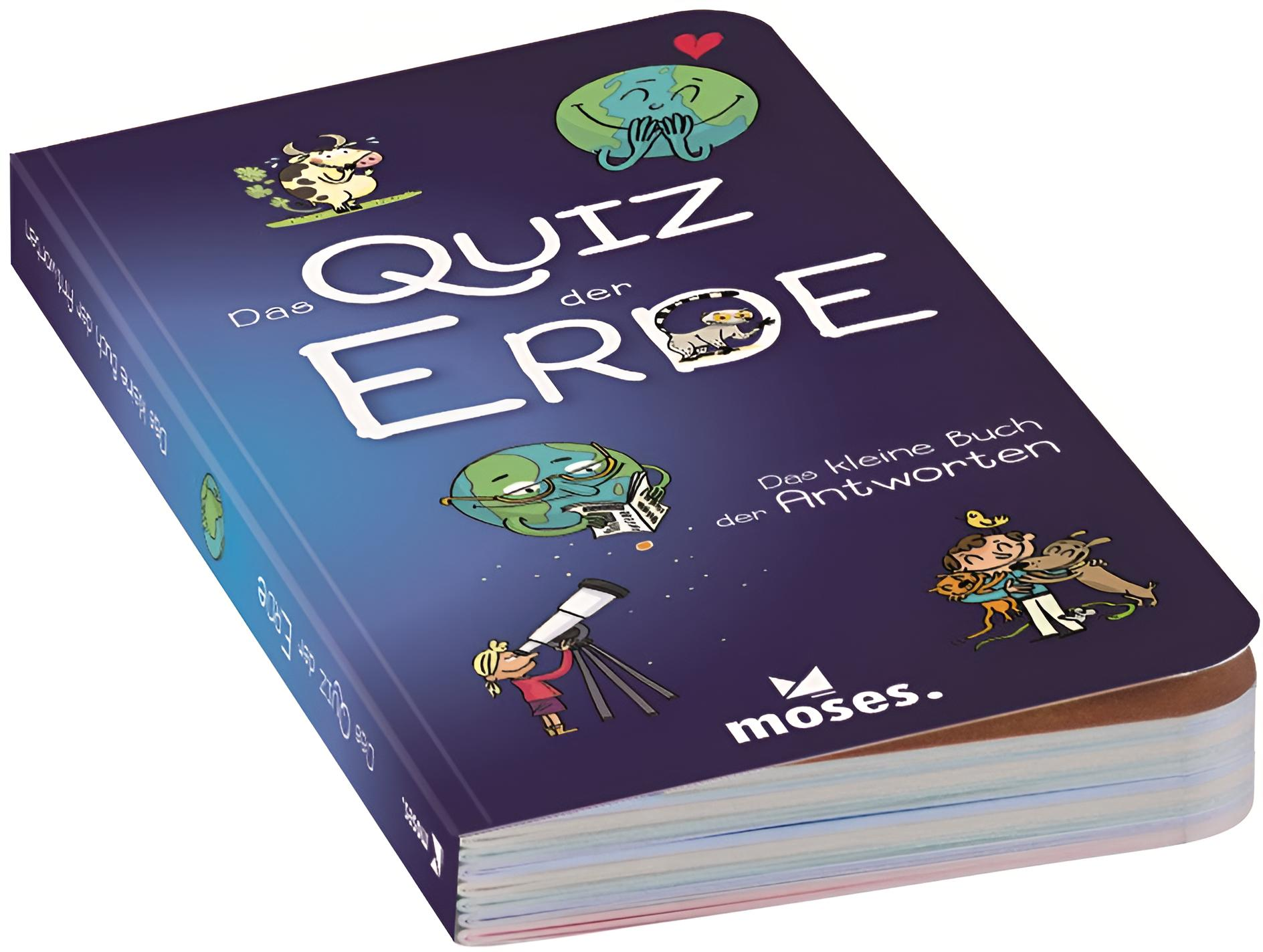 Buchcover: 'Das Quiz der Erde' mit Zeichentrickplaneten, Tieren und einem Mädchen mit Teleskop.