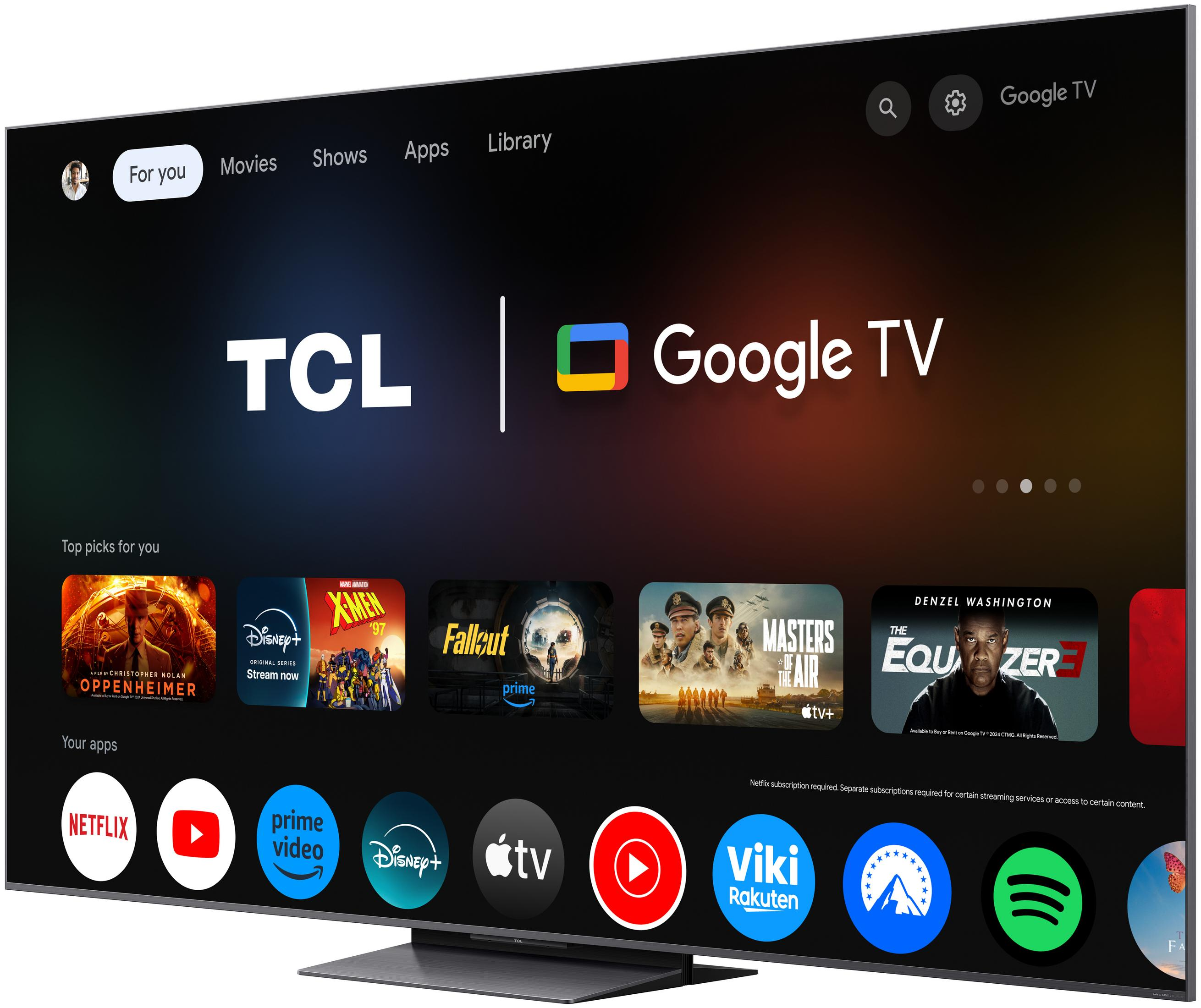TCL Google TV mostrando apps como Netflix, Prime Video, Disney+ y películas como Oppenheimer.
