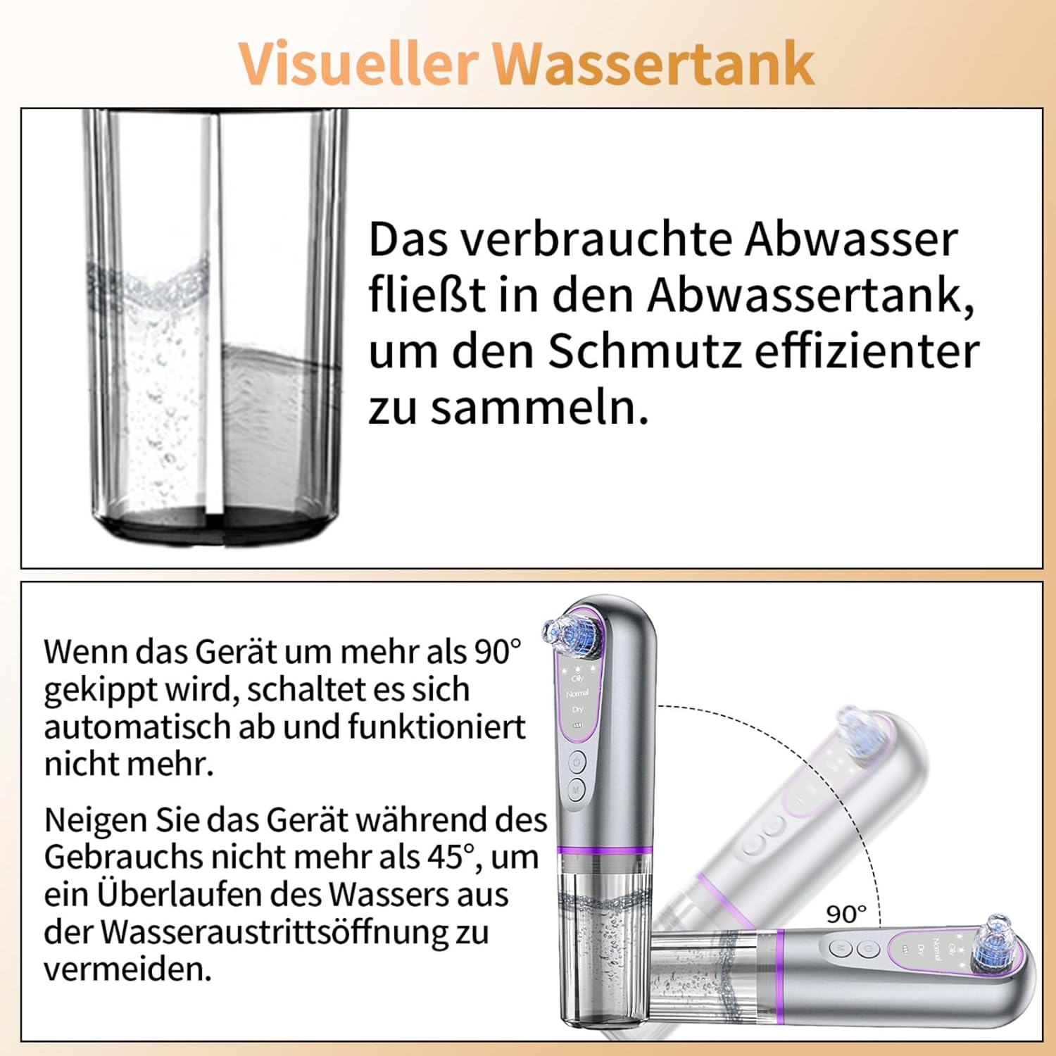 Ein transparenter Tank zeigt Schmutzwasser. Ein Gerät wird gekippt.