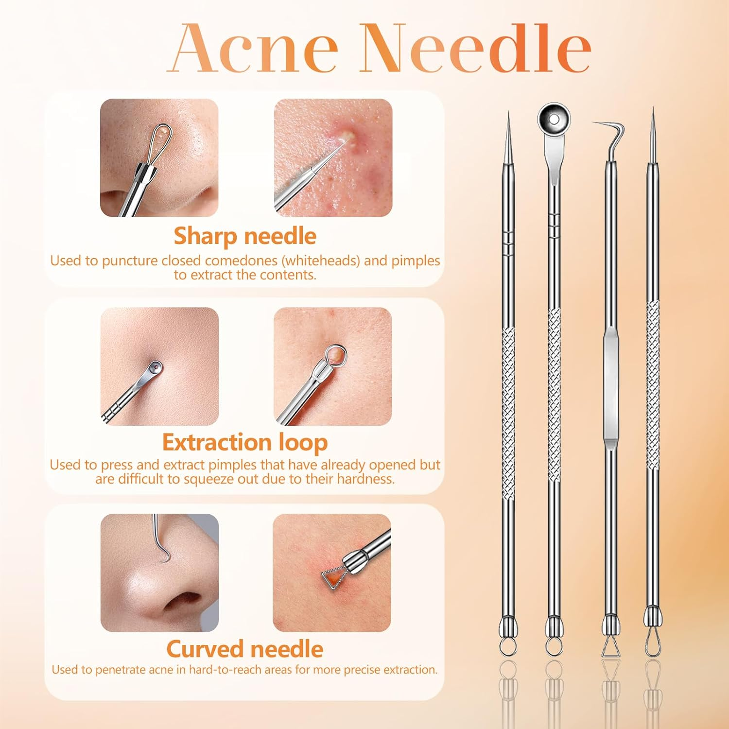 Acne-Nadel-Set mit vier Werkzeugen zur Hautpflege.