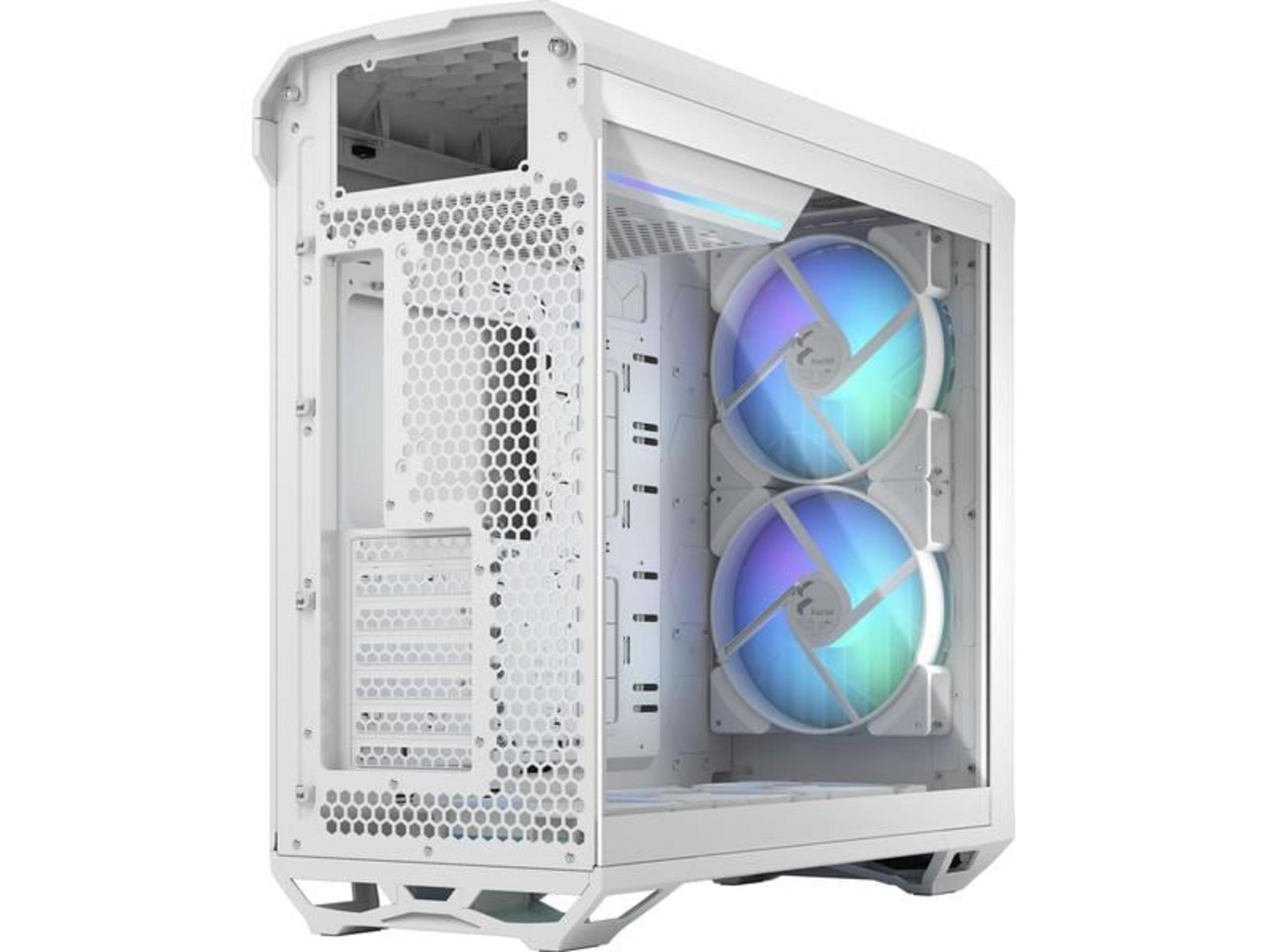 Ein weißes PC-Gehäuse mit einer Glasseite, zwei RGB-Lüftern und einem Wabenmuster.