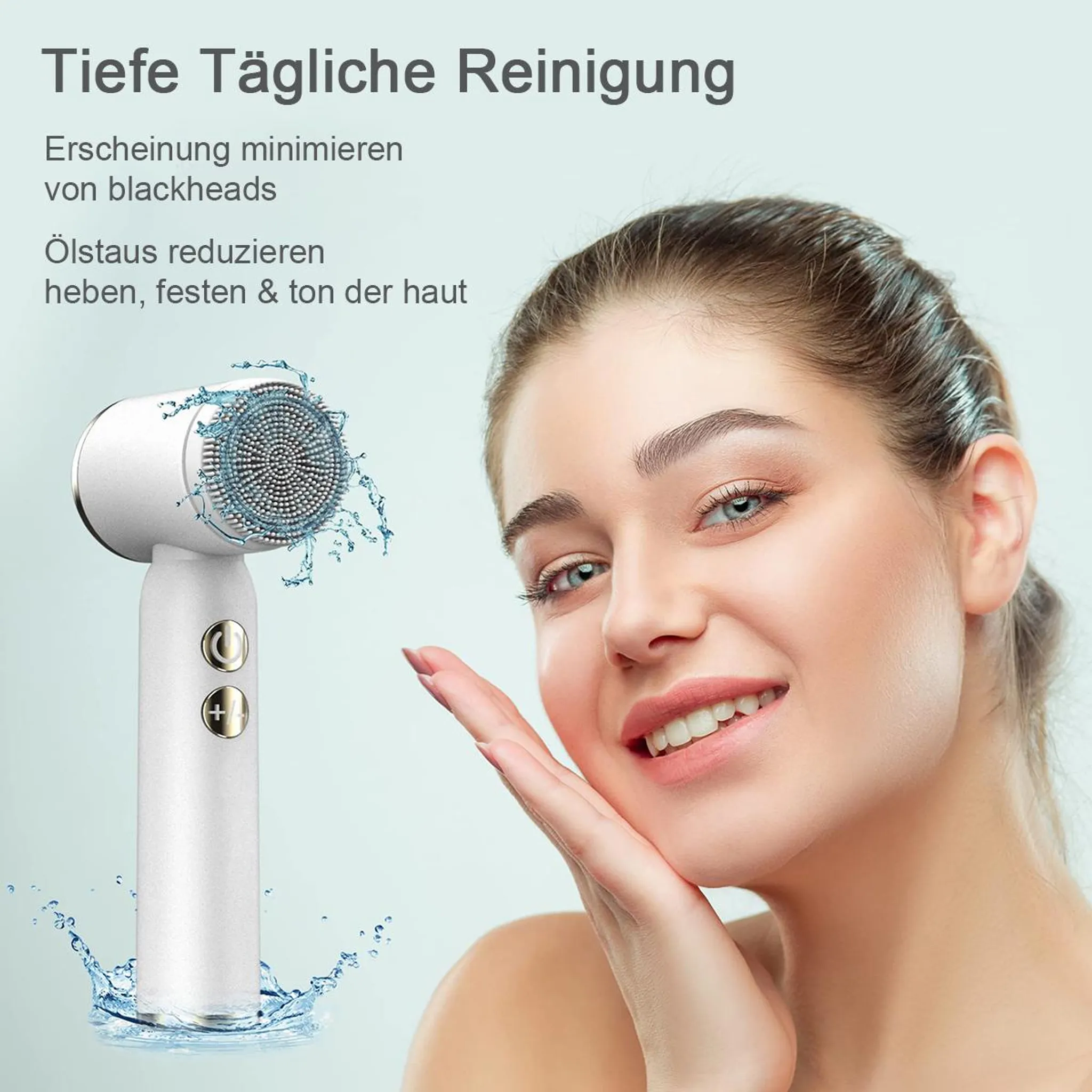 Ein weißes Reinigungsgerät mit Bürste spritzt Wasser neben einem lächelnden Frauengesicht.