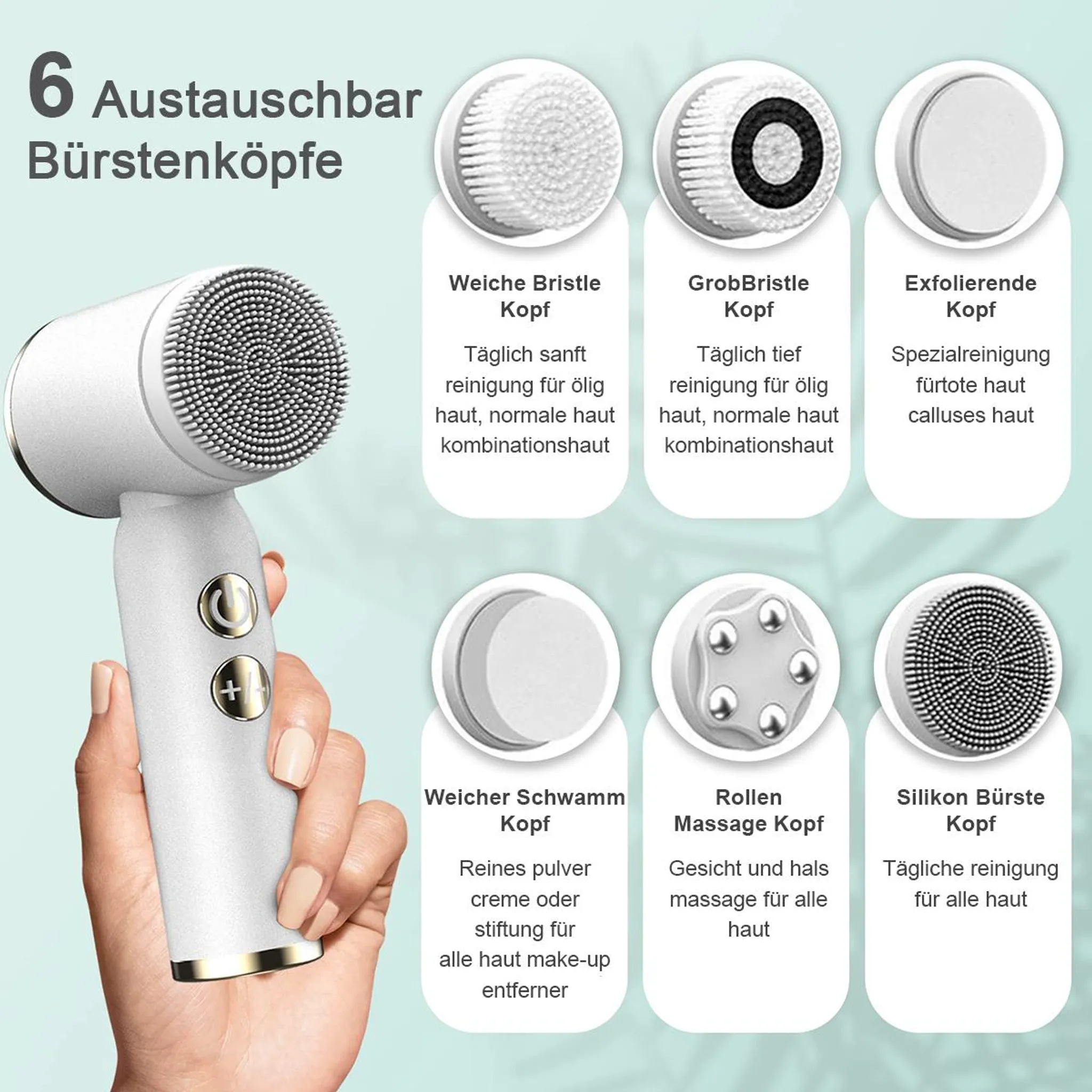 Ein weißes Hautreinigungsgerät mit sechs austauschbaren Bürstenköpfen in verschiedenen Ausführungen.