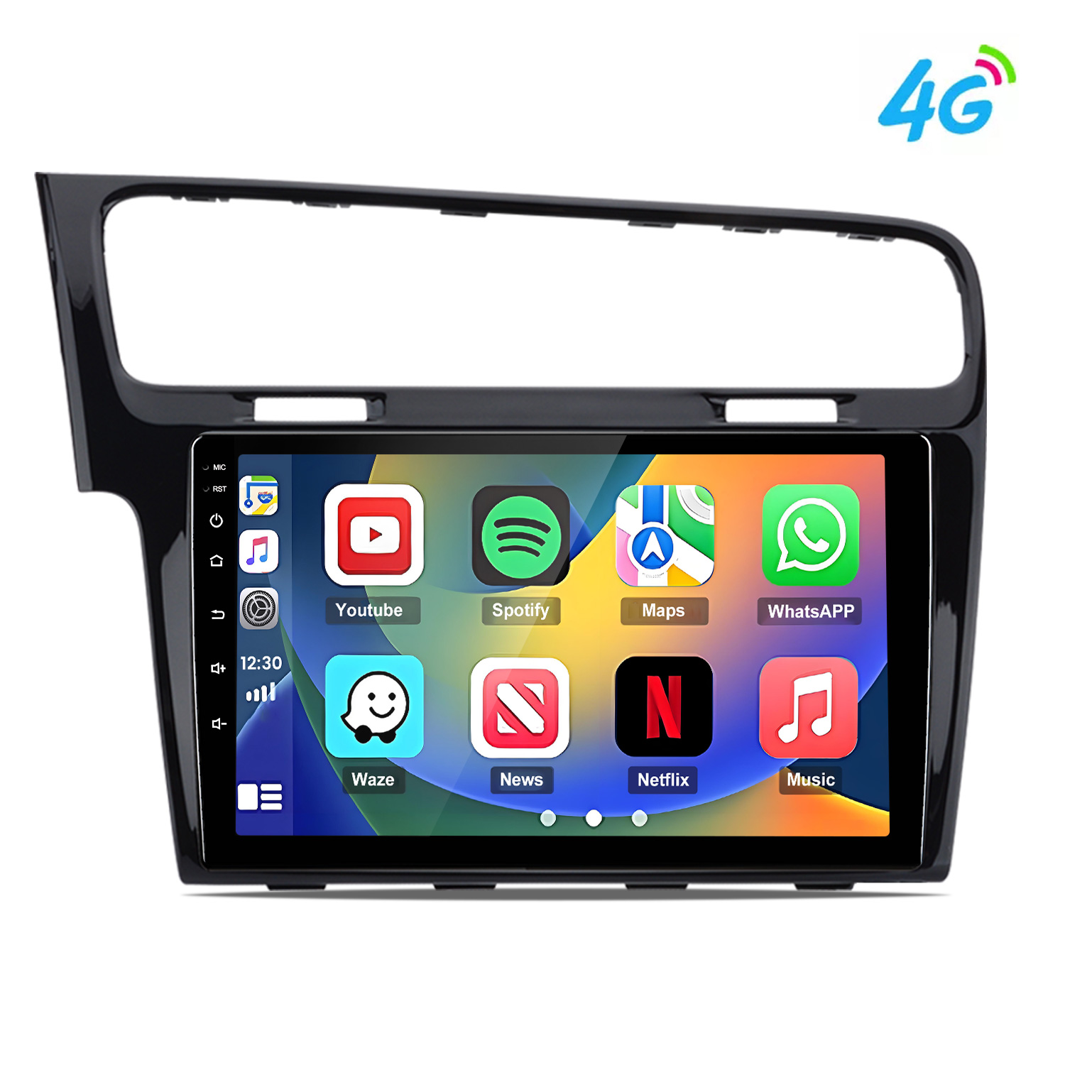 Ein Autoradio-Bildschirm mit App-Symbolen und "4G"-Logo.
