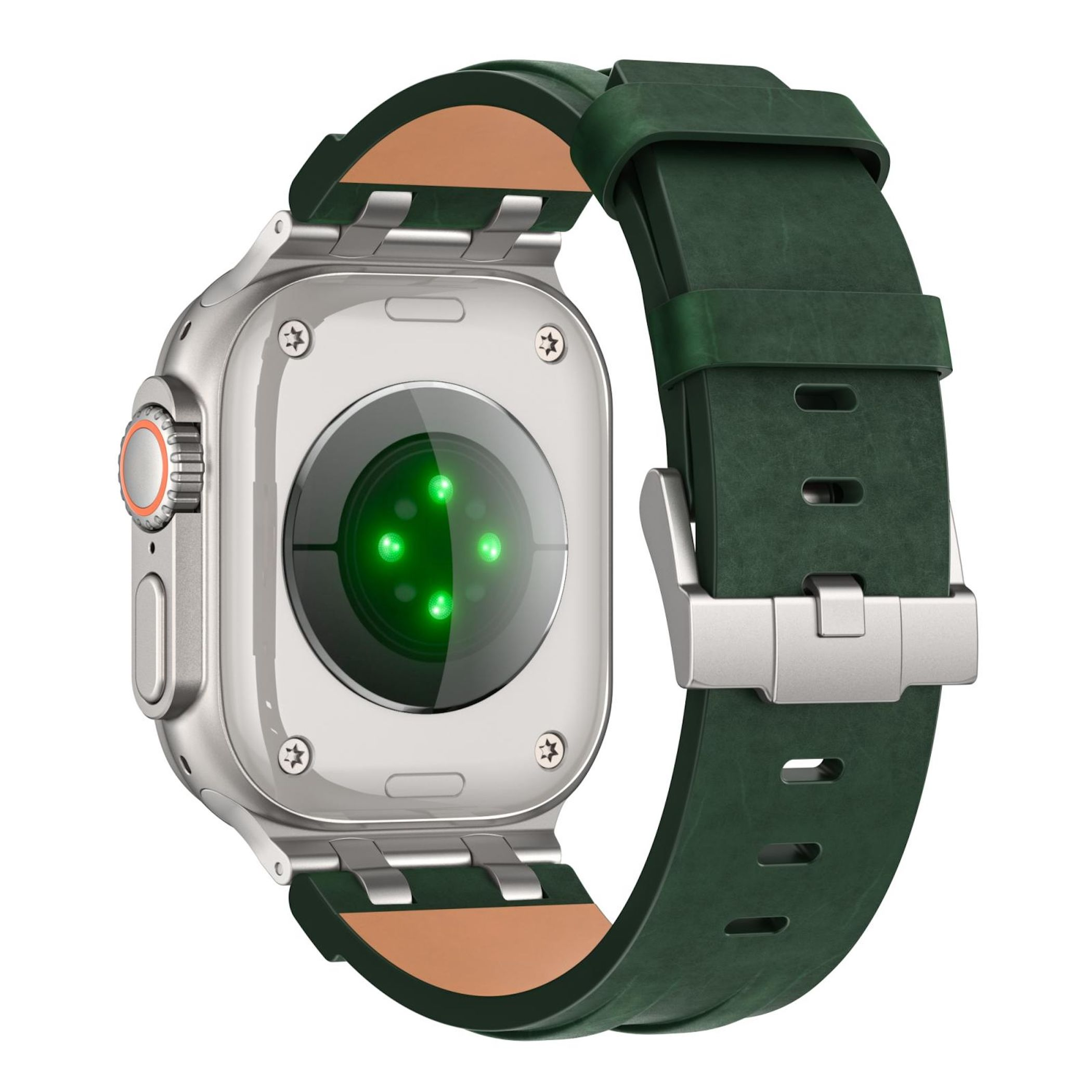 Retro di uno smartwatch con cinturino in pelle verde e sensori di battito cardiaco.
