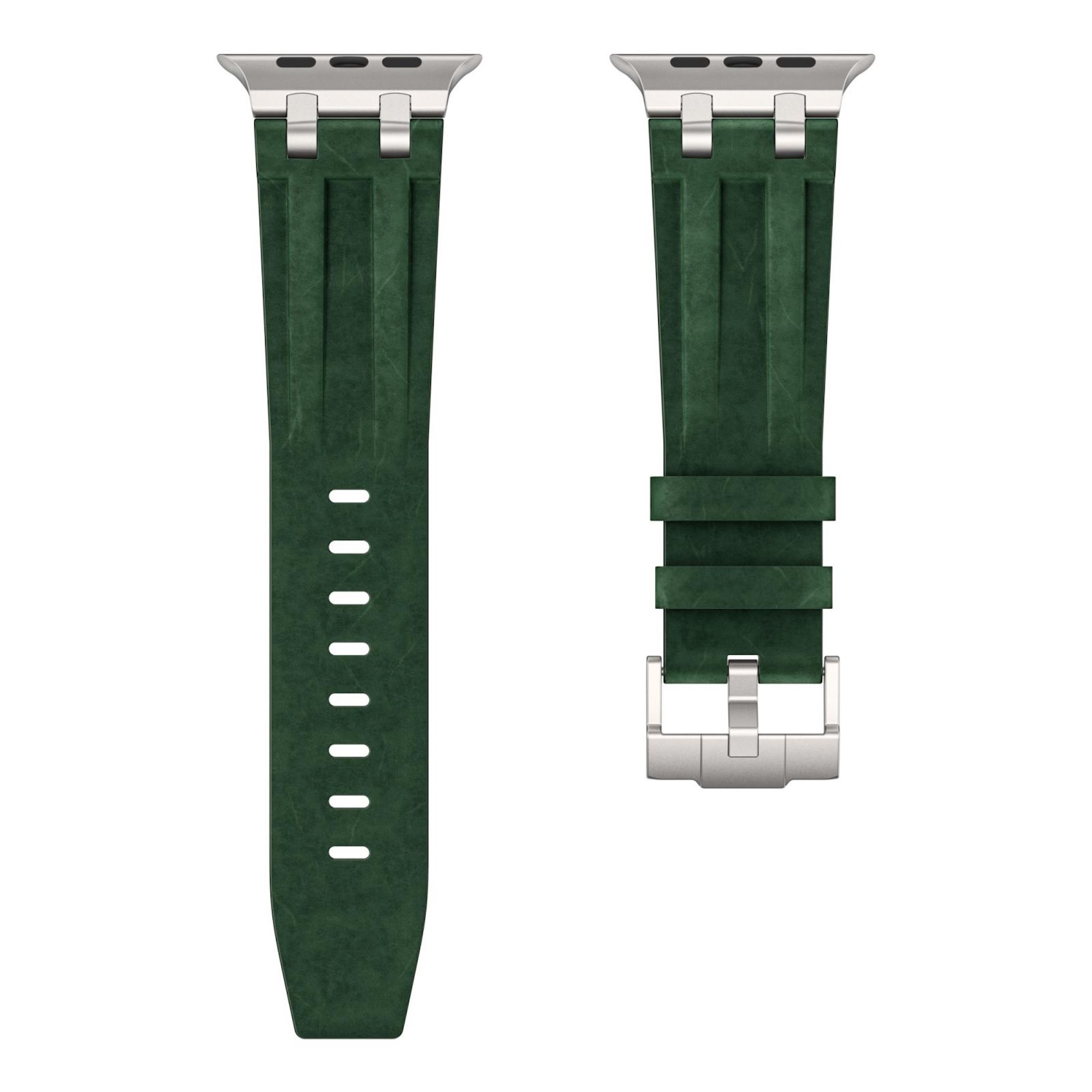 Due cinturini per orologio verdi con connettori e fibbie argentati su sfondo bianco.