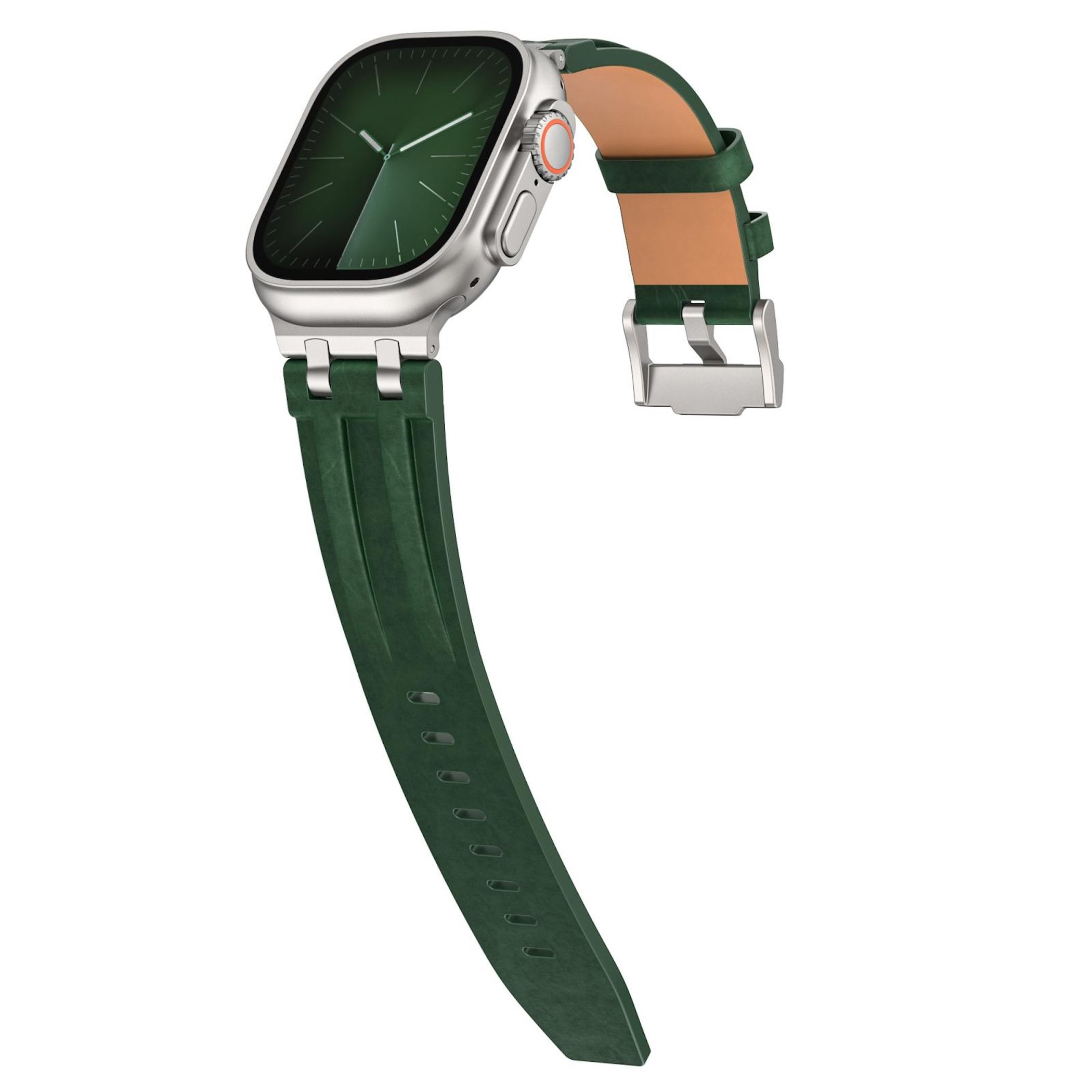 Uno smartwatch verde con cassa argentata e cinturino in pelle marrone.