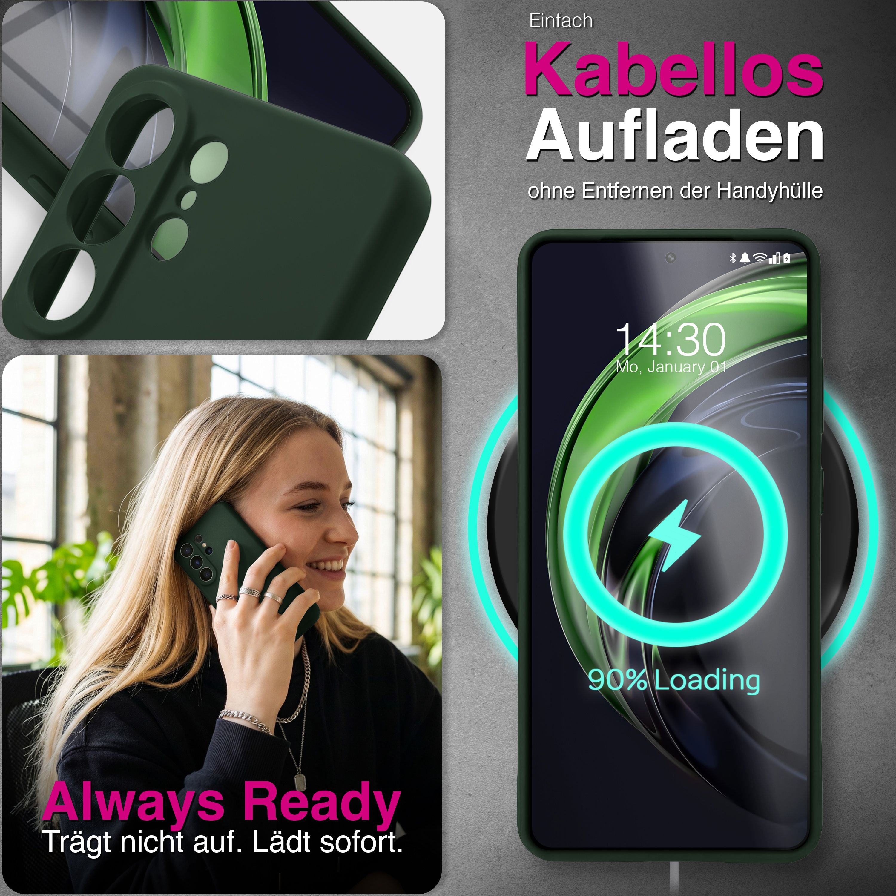 Ein grünes Handy mit kabelloser Ladung und eine Frau, die telefoniert.
