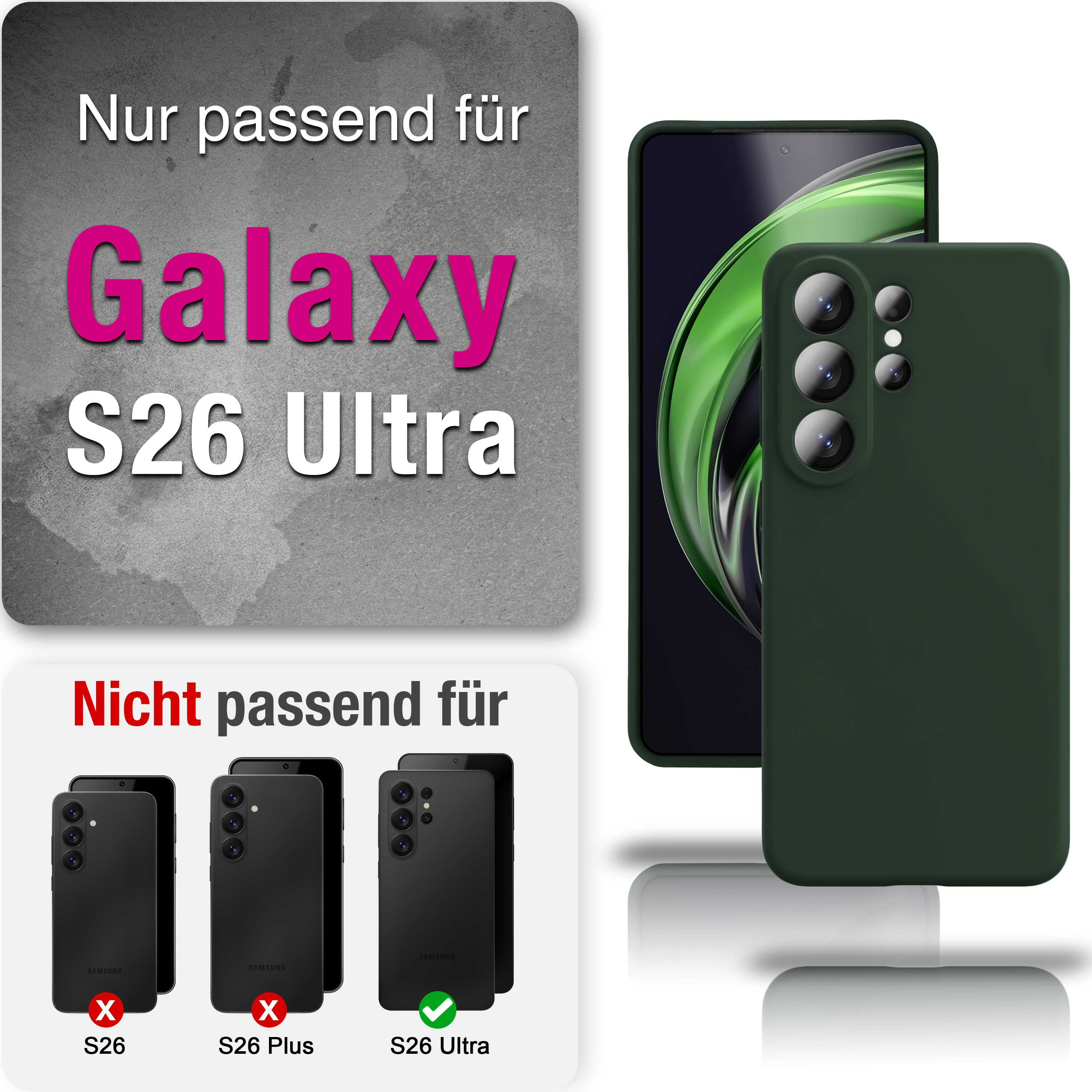 Dunkelgrüne Hülle für Samsung Galaxy S26 Ultra, zeigt nicht passende Modelle.