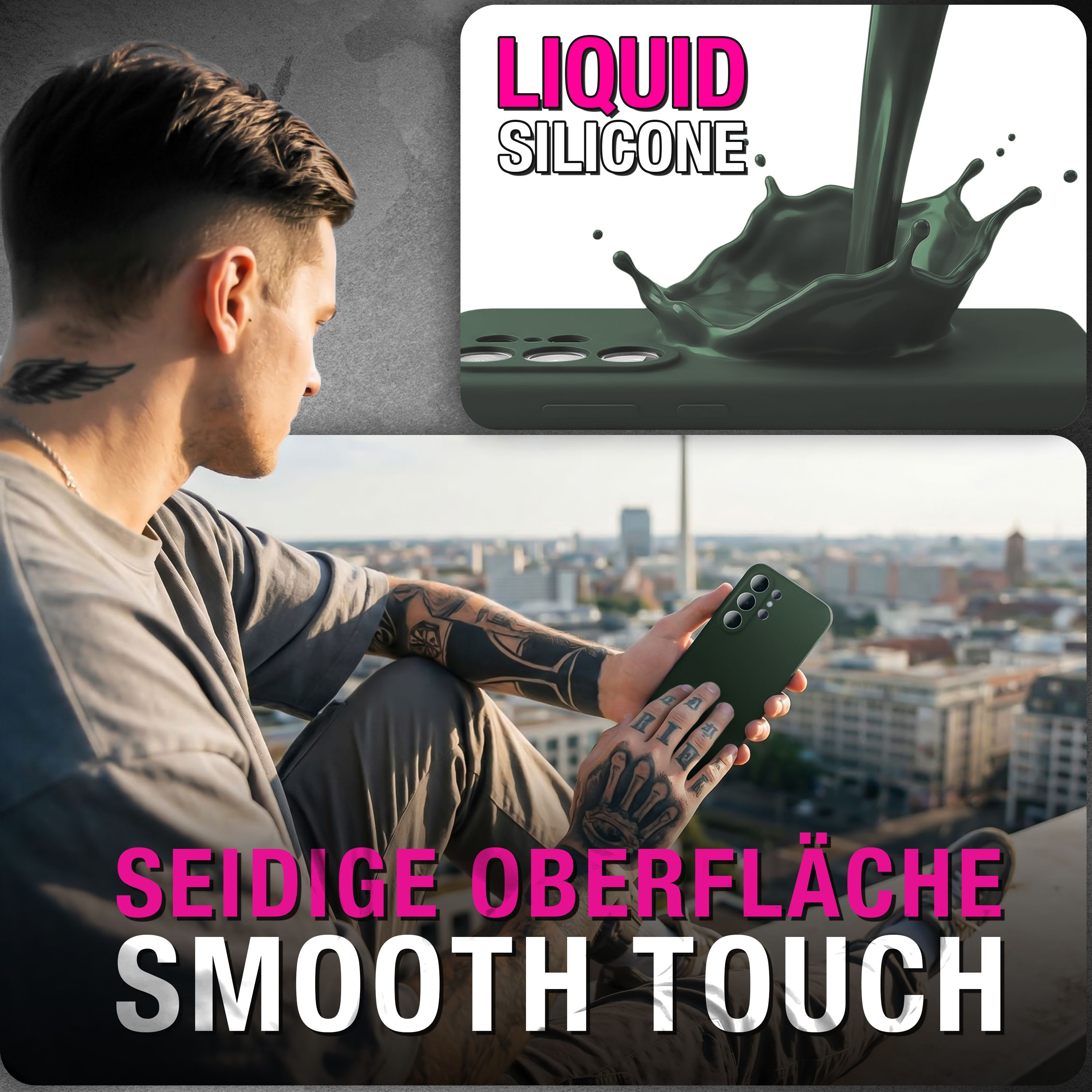 Mann mit Tattoos hält ein grünes Handy, Flüssigsilikon fließt.