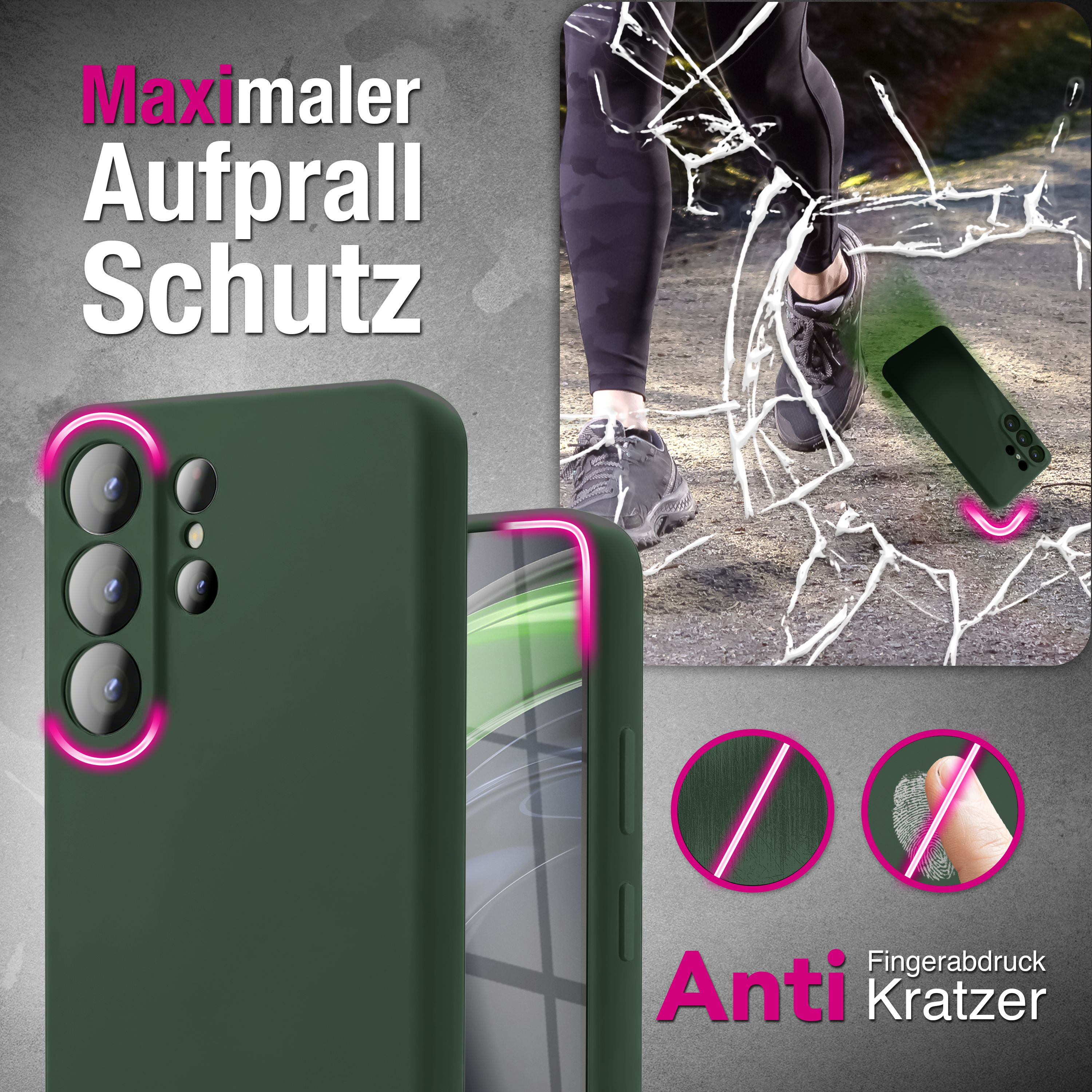 Grüne Handyhülle mit Kameras, fällt auf zersplittertem Boden, Läufer im Hintergrund.