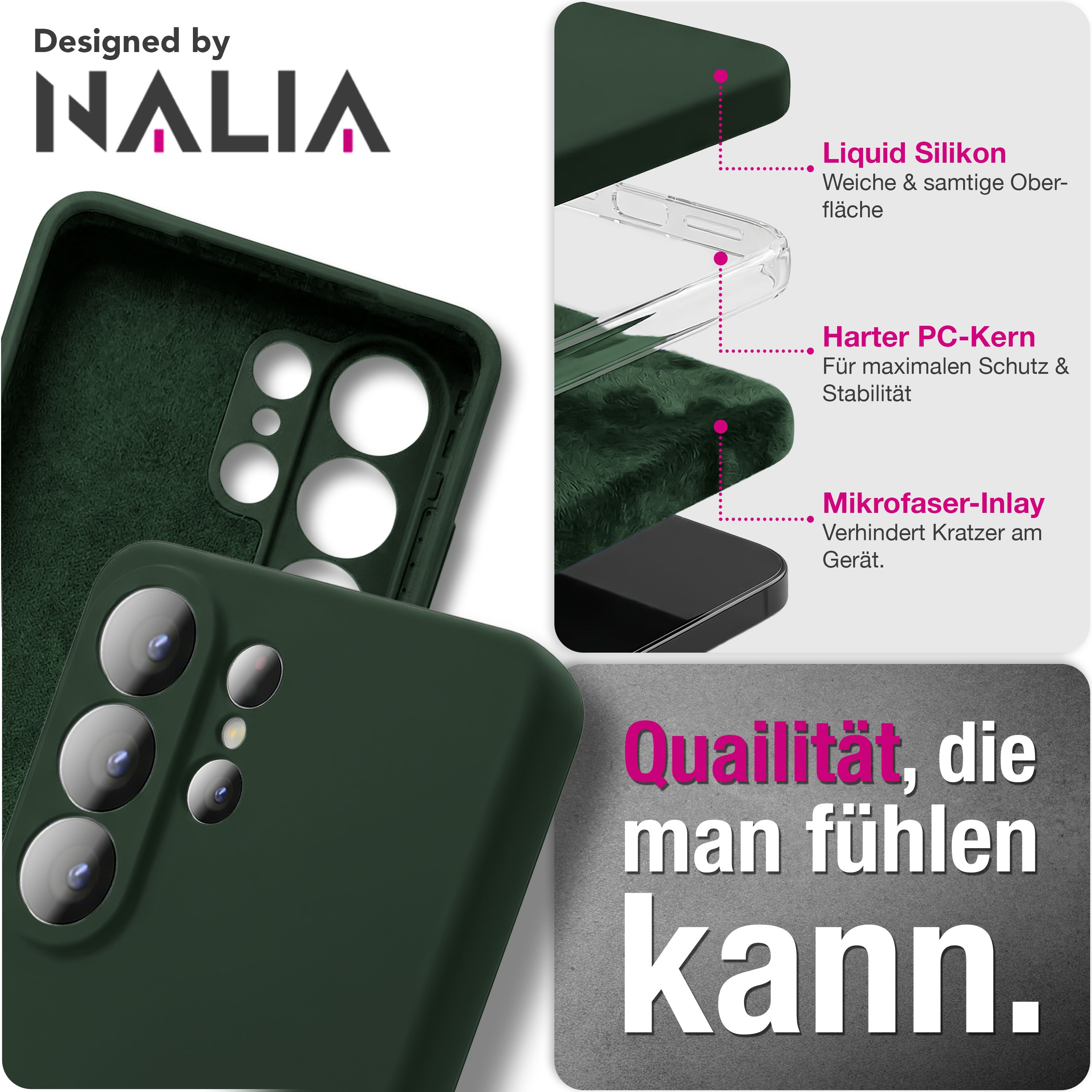 Dunkelgrüne Handyhülle mit Mikrofaser-Innenfutter. Schutz und Stabilität.