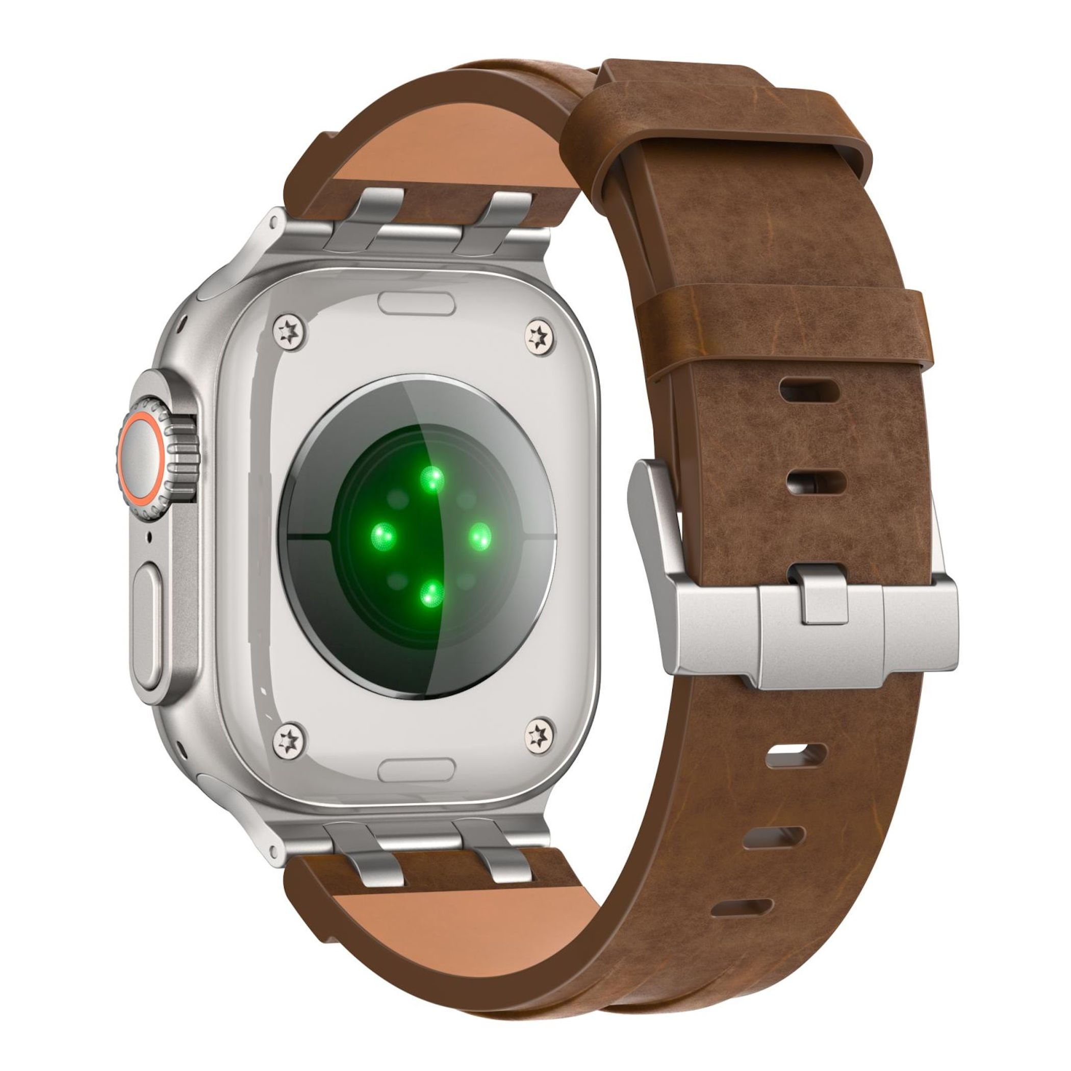 Retro di uno smartwatch con cinturino in pelle marrone e LED verdi.
