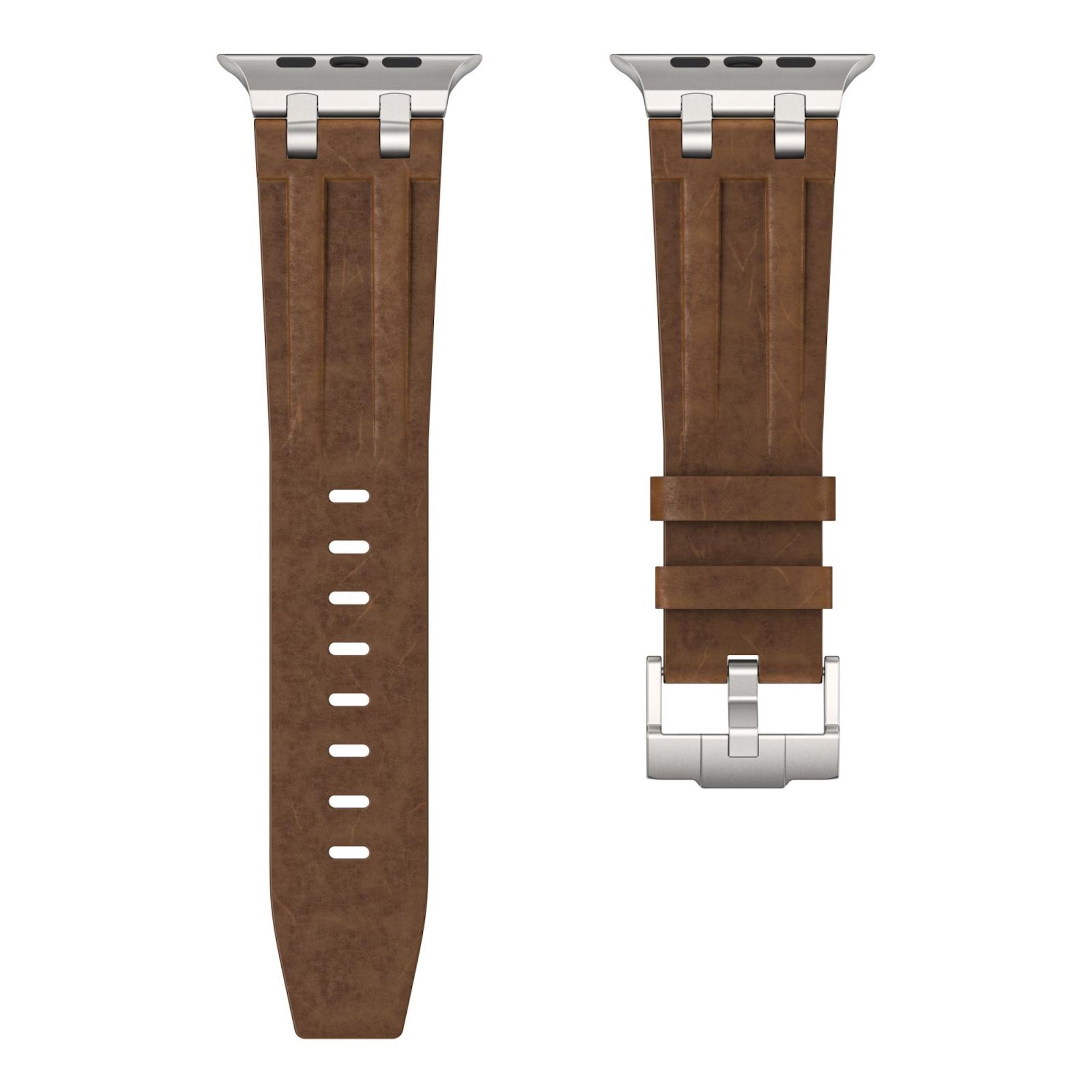 Cinturino in pelle marrone con connettori e fibbia argentati per uno smartwatch.