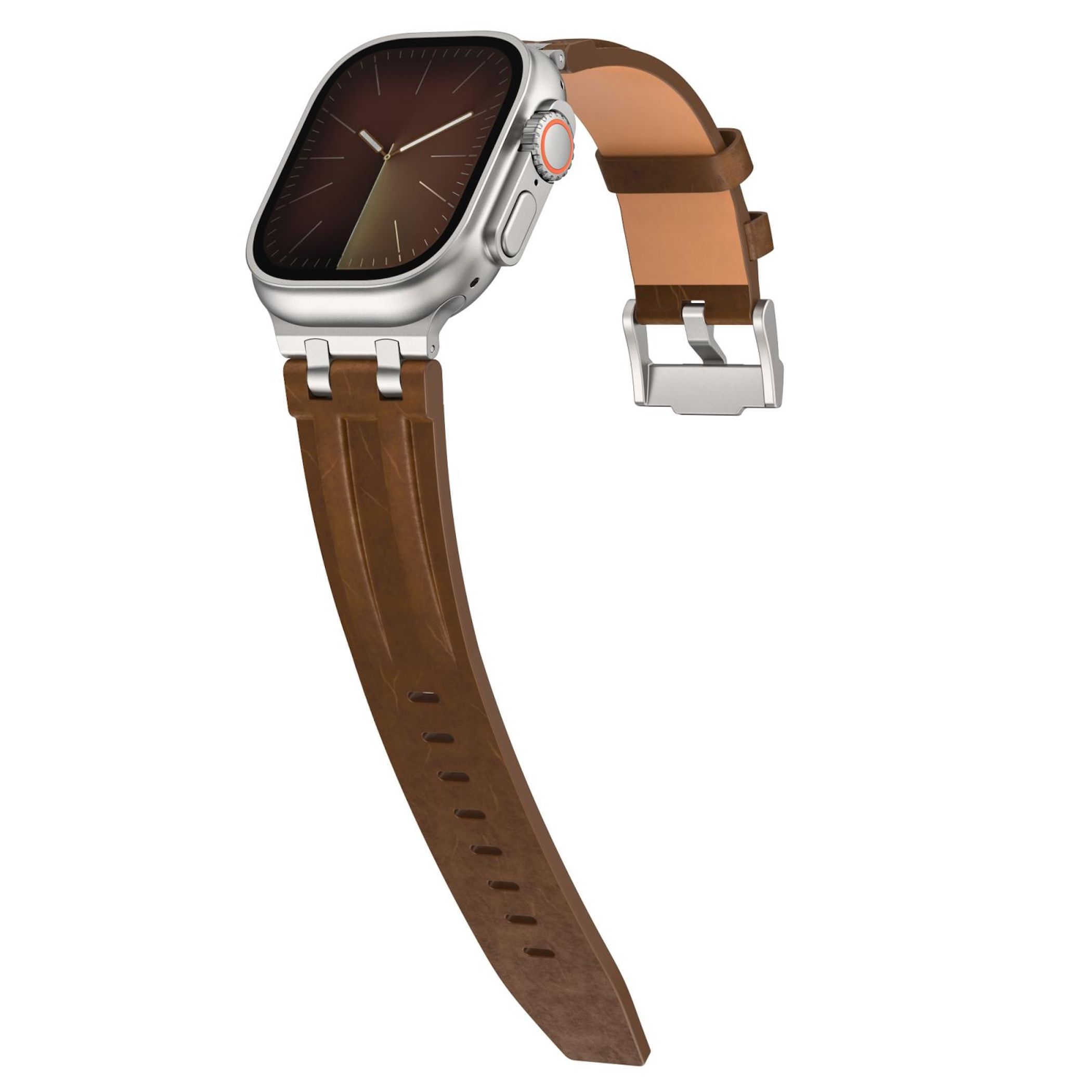 Smartwatch argentato con cinturino in pelle marrone e fibbia.