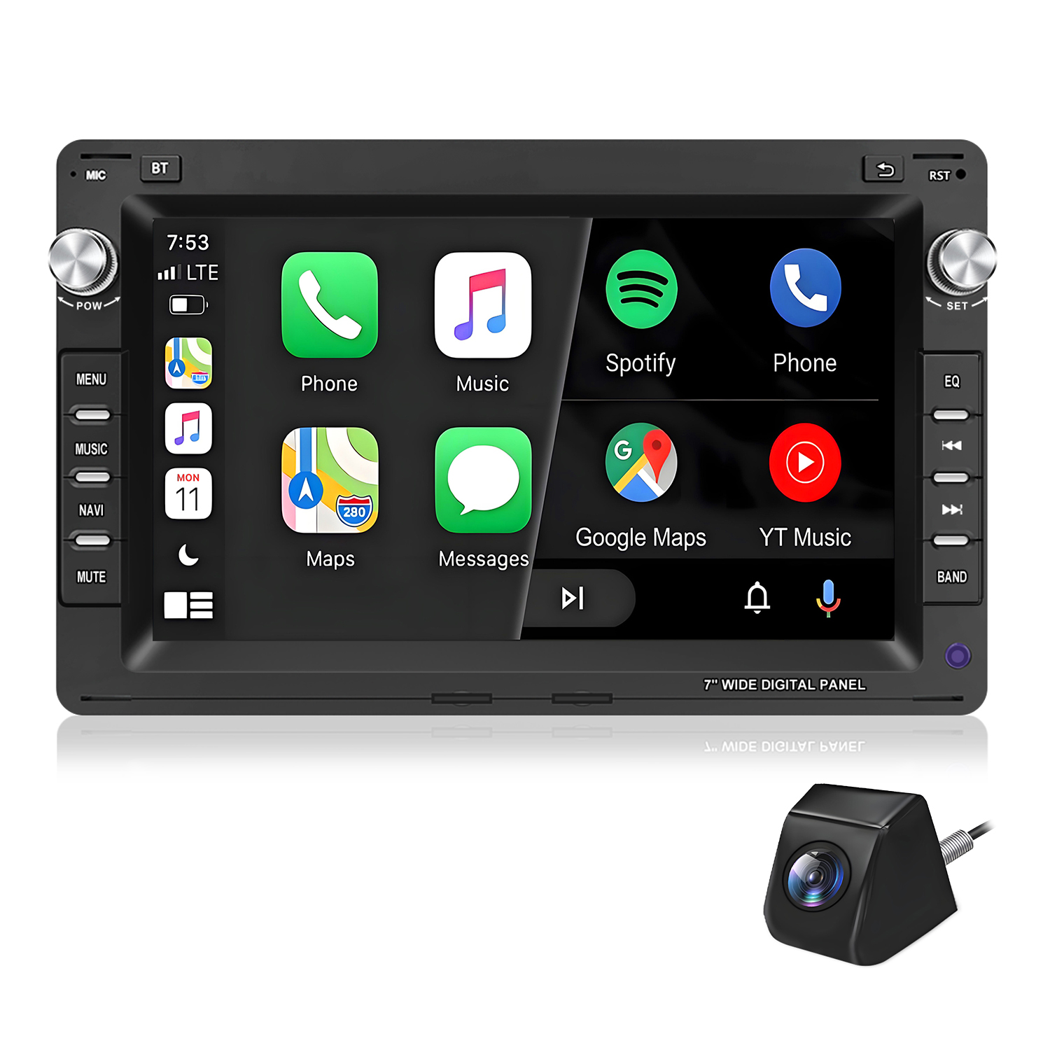 Auto-Stereo-Display zeigt Apps: Telefon, Musik, Spotify, Karten, Nachrichten. Zeigt auch eine Rückfahrkamera.